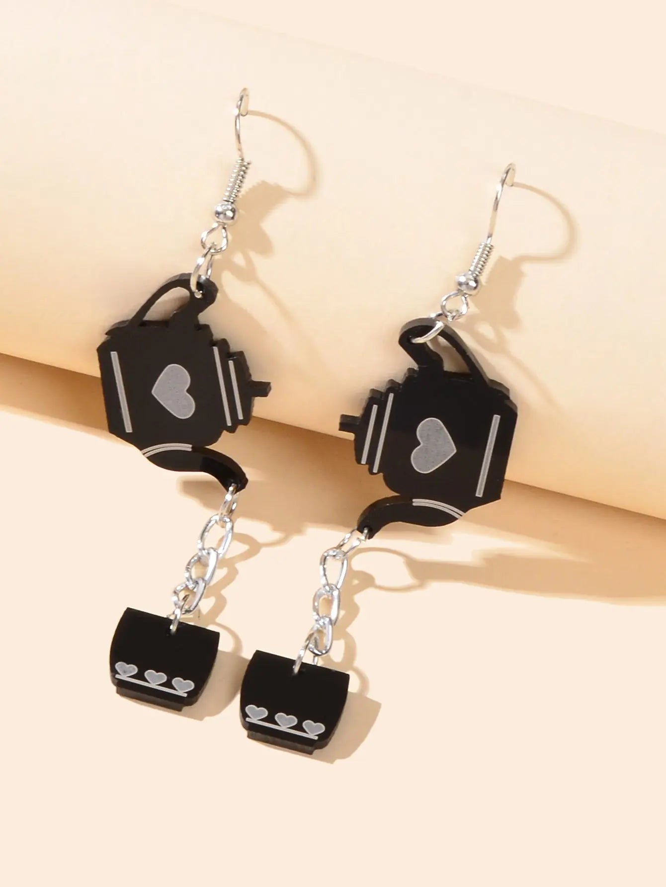 Heart Pattern Black Resin Teapot Cup Dangle Punk Hip Hop Earrings Teens Jewelry Feelontop Jewellery