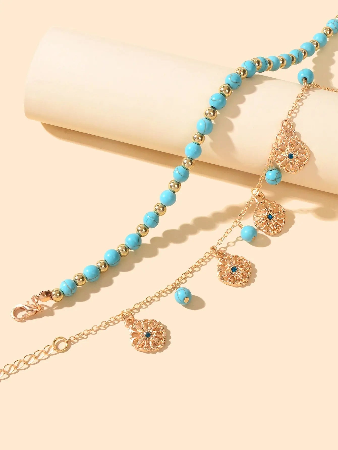2pcs Handmade Turquoise Beads Anklets Boho Round Charm Bracelets Foot Anklet Set Feelontop Jewellery