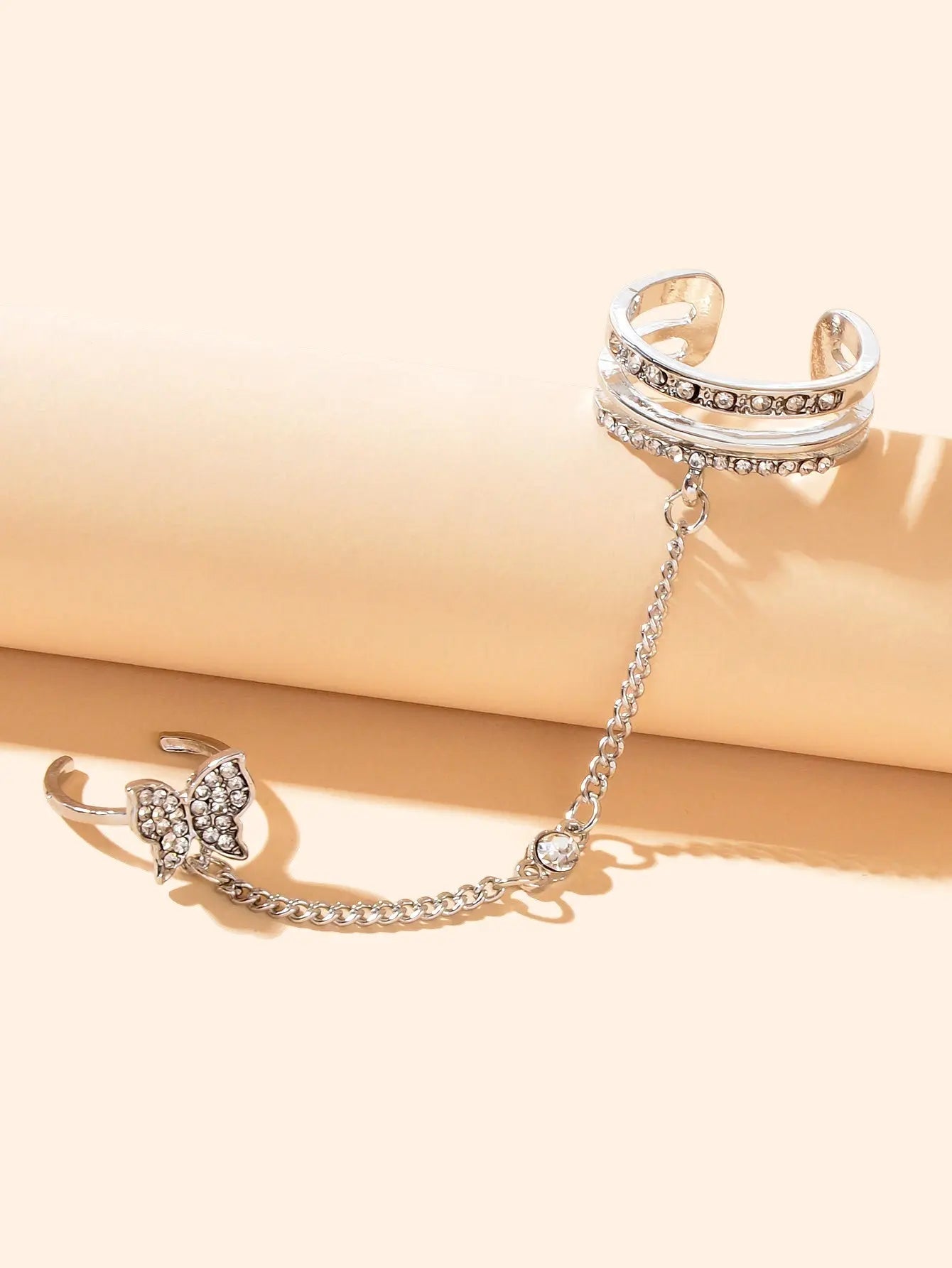 Personality Rhinestone Silver Butterfly Double Fingers Ring with Chain Ear Cuff Feelontop Jewellery