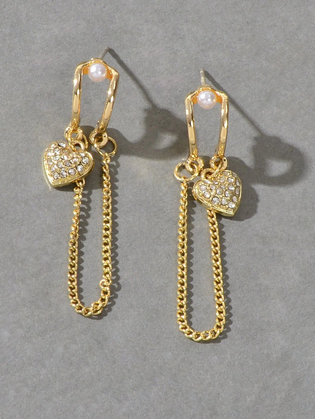 Unique Cubic Zirconia Hypoallergenic Gold Tassel Chain Heart Piercing Earrings Feelontop Jewellery