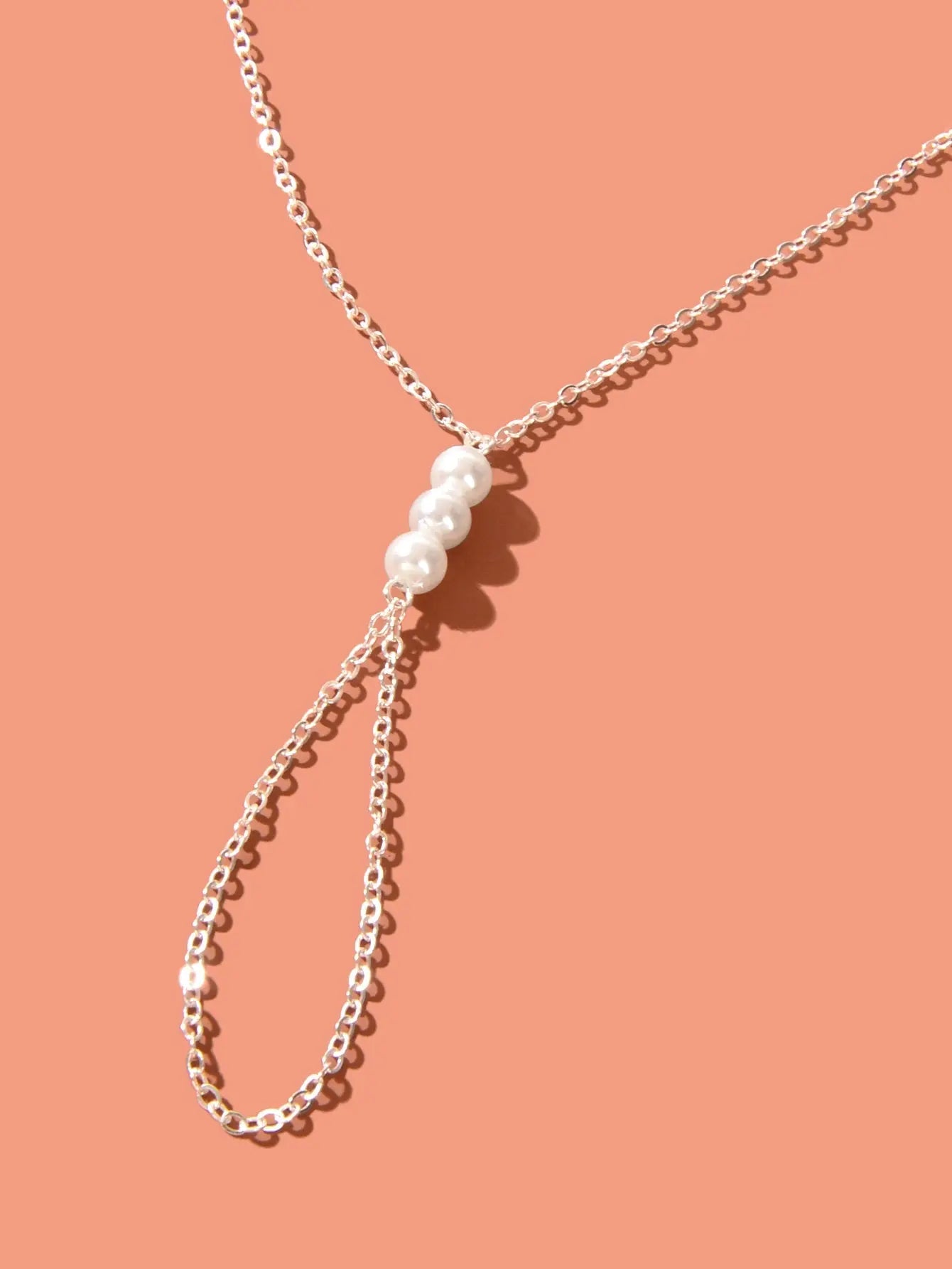 Boho Silver Hand Chain Finger Ring Harness Adjustable Slave Bracelet with Pearl Feelontop Jewellery