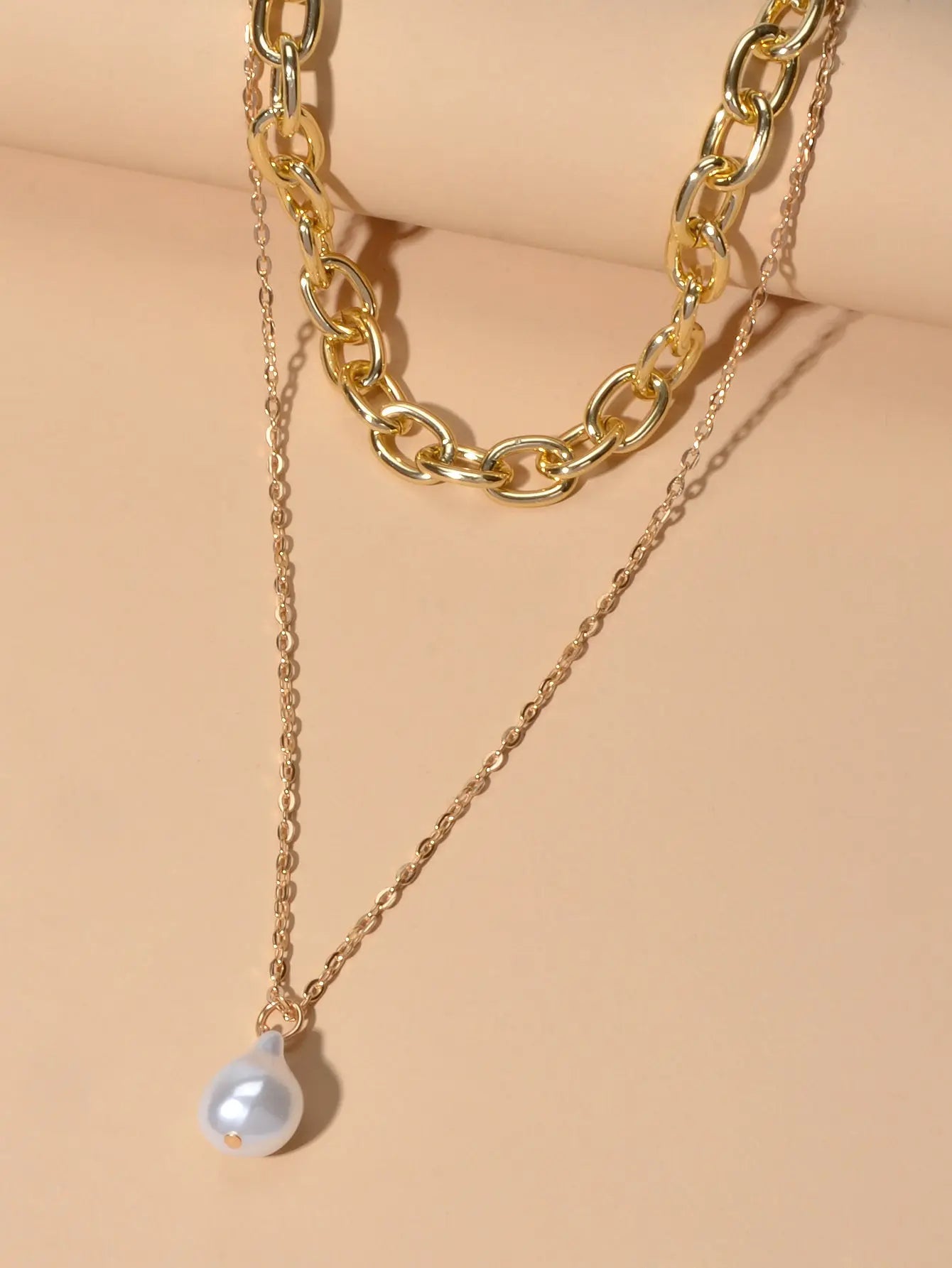 Double Layer Gold Chunky Chains Pearl Charm Women Necklace Good Quality Jewelry Feelontop Jewellery
