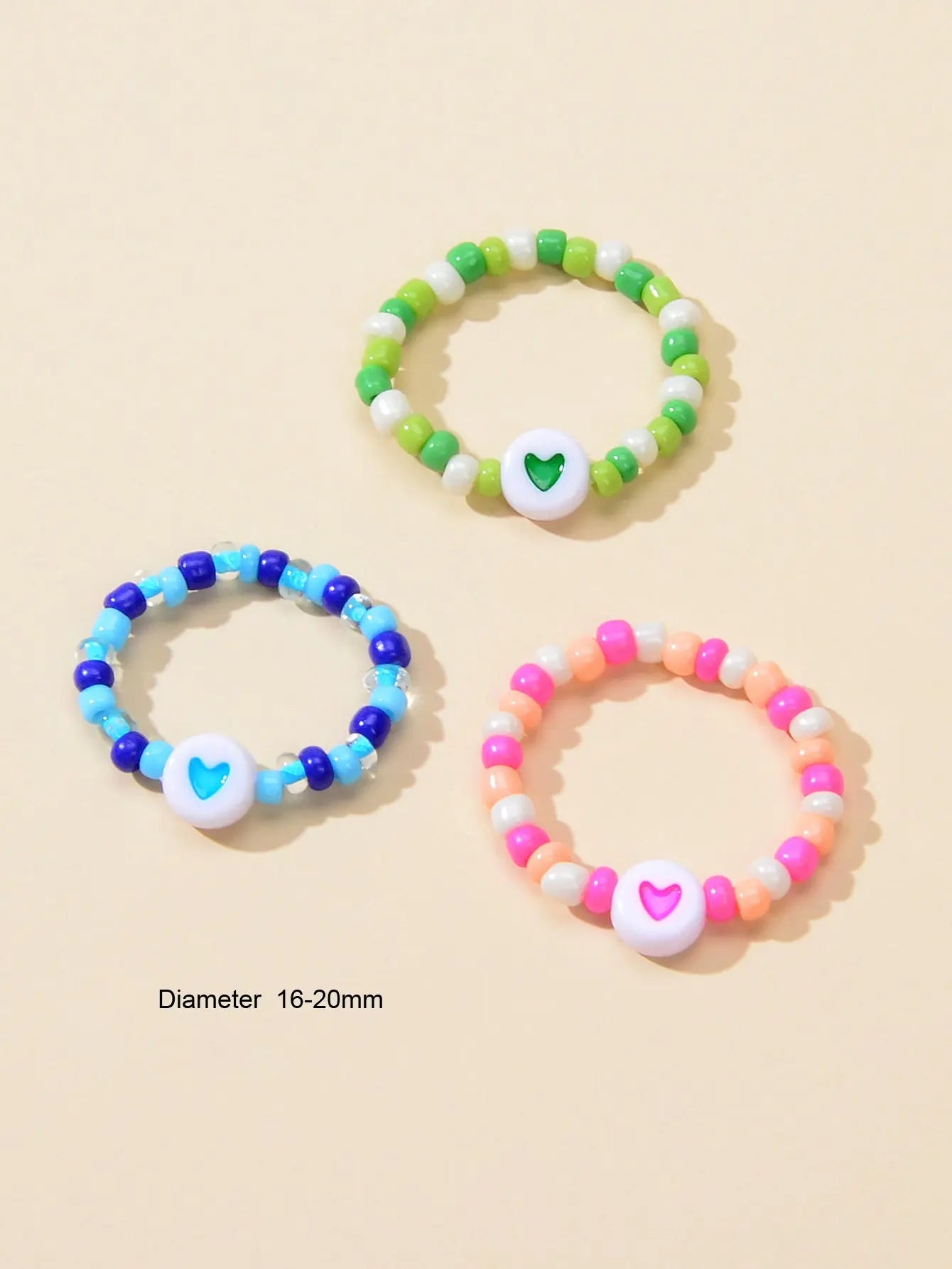 3pcs Colorful Bead Elastic Heart Pattern Multiple Stackable Midi Finger Ring Set Feelontop Jewellery