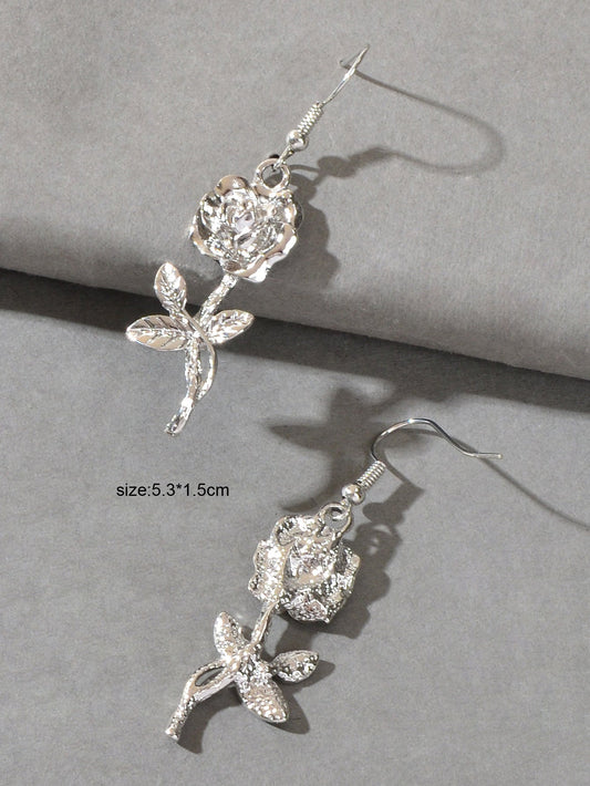 Party Decoration Women Silver Plated Flower Rose Carved Dangle Pendant Earrings Feelontop Jewellery