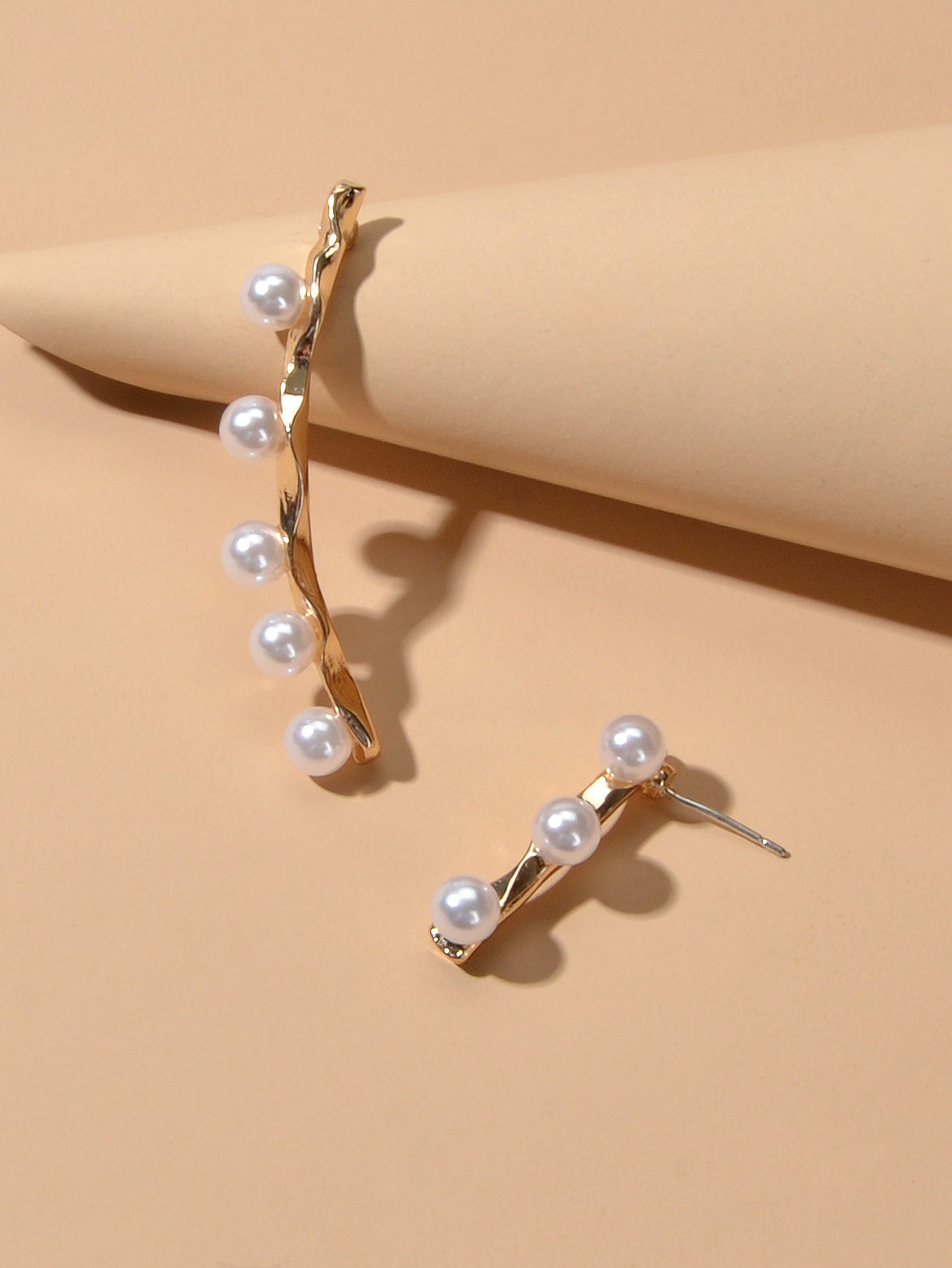 Anniversary Jewellery Pearl Decor Gold Strip Asymmetric Pierced Stud Earrings Feelontop Jewellery