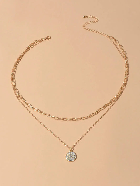 Female Jewellery Double layer Paperclip Gold Silver Chain Round Pendant Necklace Feelontop Jewellery