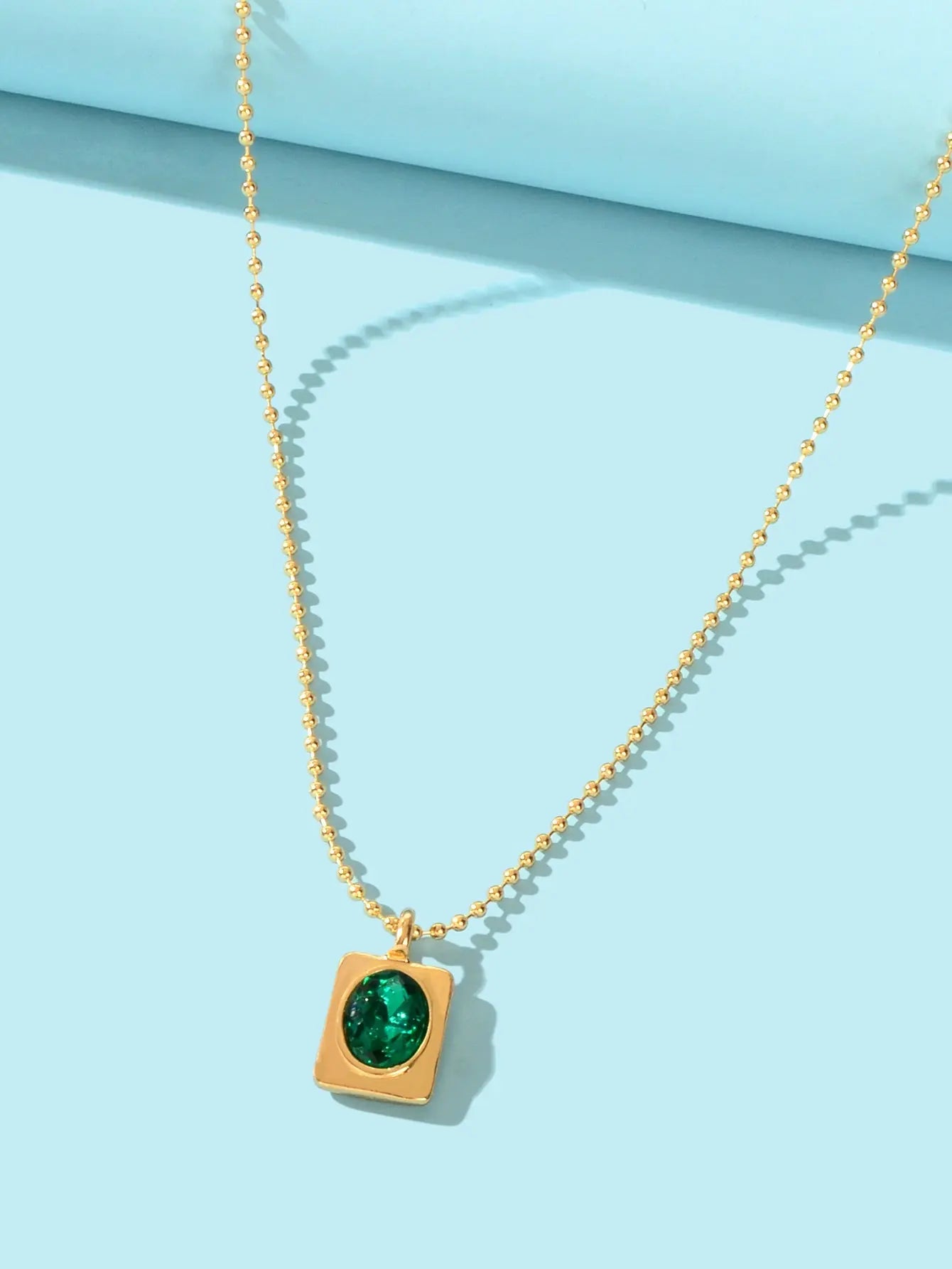 Trendy Gold Popcorn Chain Dainty Green Imitation Gem Square Pendant Necklace Feelontop Jewellery
