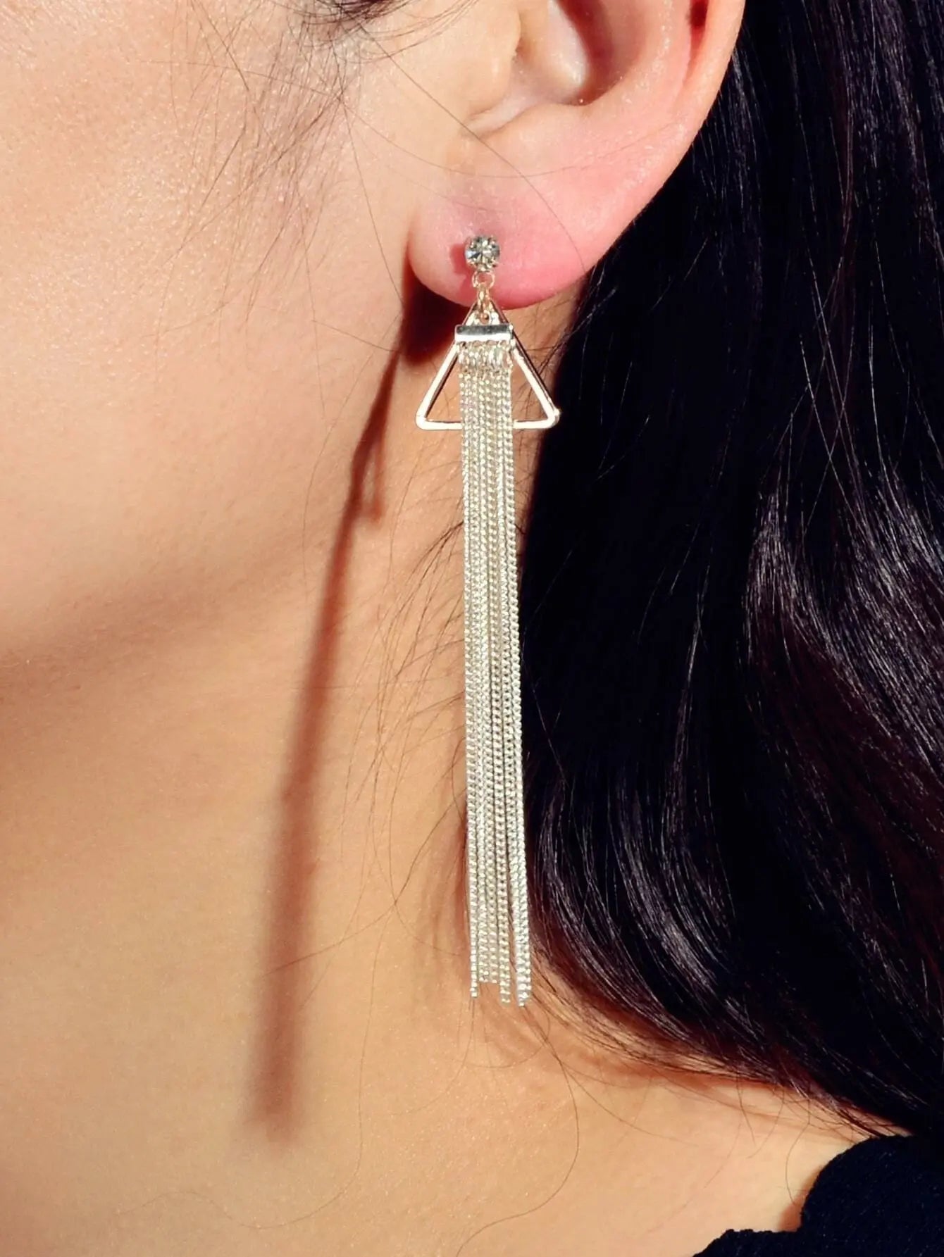 Rhinestone Triangle Silver Tassel Long Chain Drop Dangle Party Stud Earrings Feelontop Jewellery