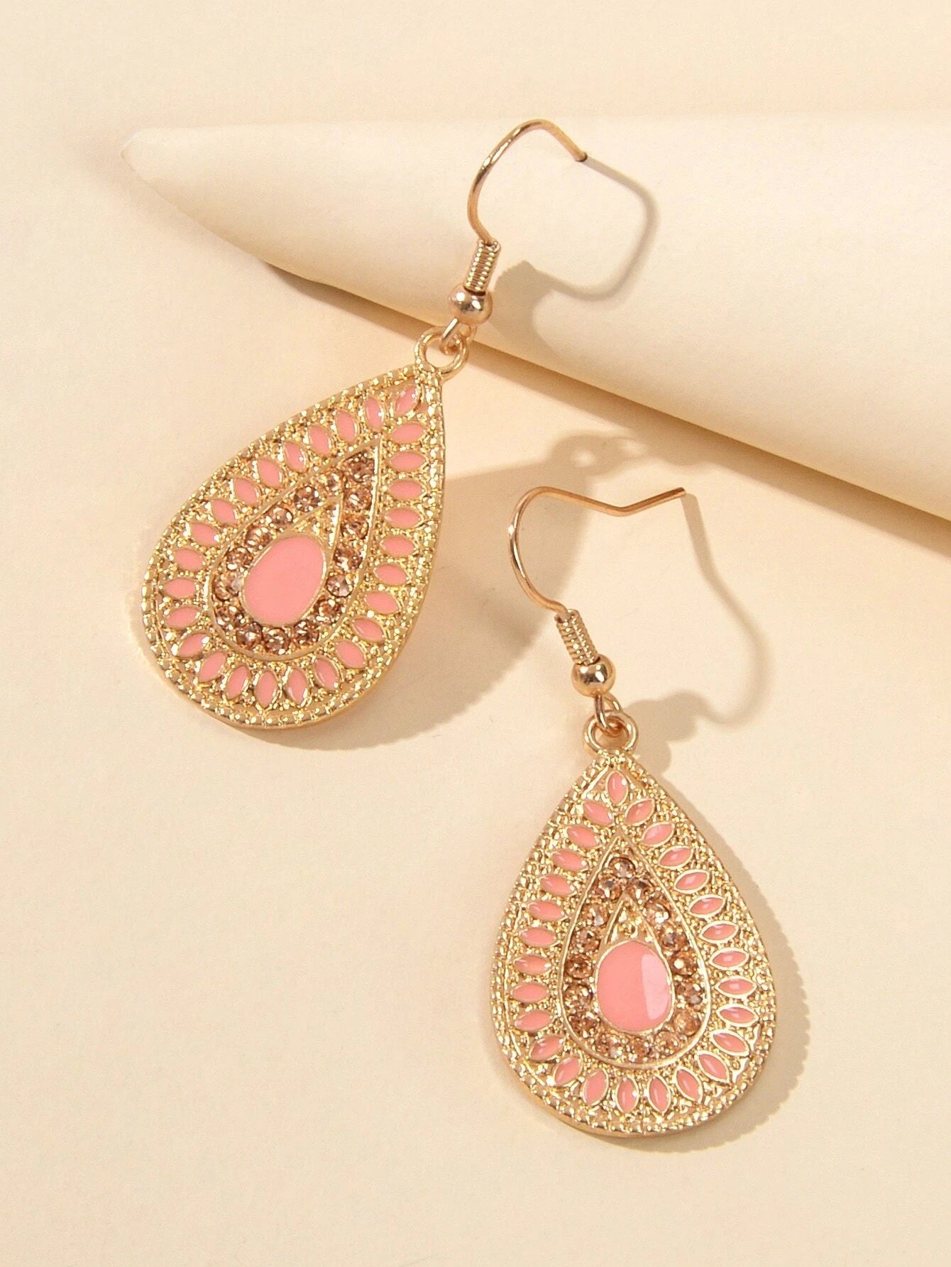Rhinestone Pink Enamel Water Drop Earrings Teardrop Crystal Dangle Hook Ear Stud Feelontop Jewellery