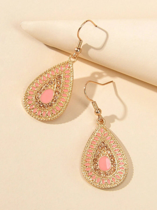 Rhinestone Pink Enamel Water Drop Earrings Teardrop Crystal Dangle Hook Ear Stud Feelontop Jewellery