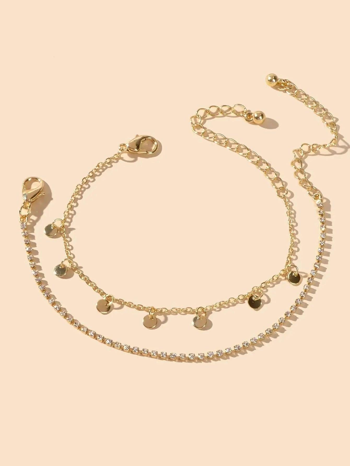 2pcs Women Rhinestone Gold Silver Chain Disc Charm Bracelet Fashion Accessories Feelontop Jewellery