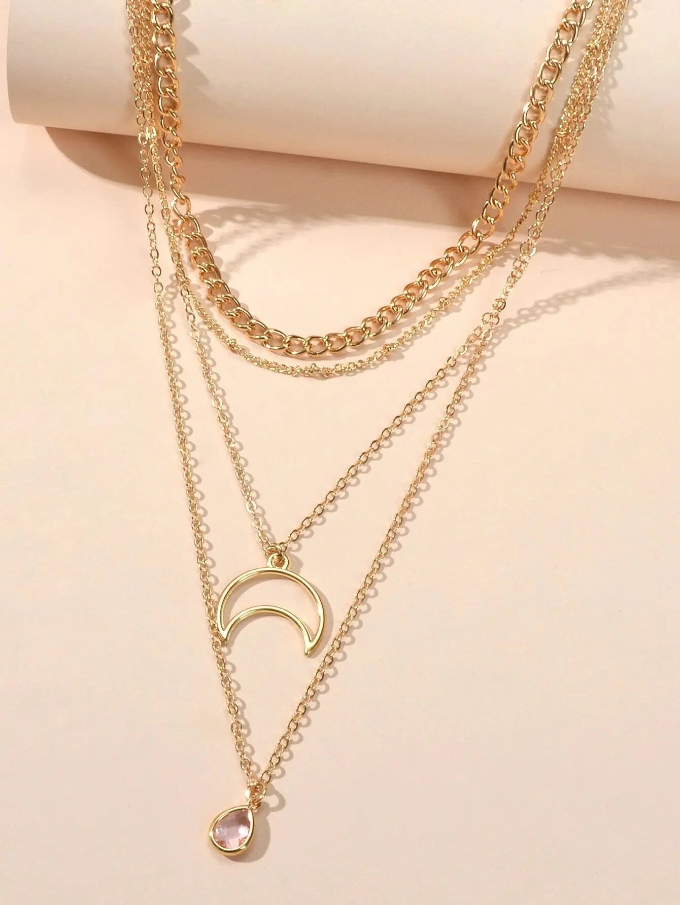 Multi-layer Gold Tone Chain Moon Water Drop Pendant Necklace Girls Party Jewelry Feelontop Jewellery