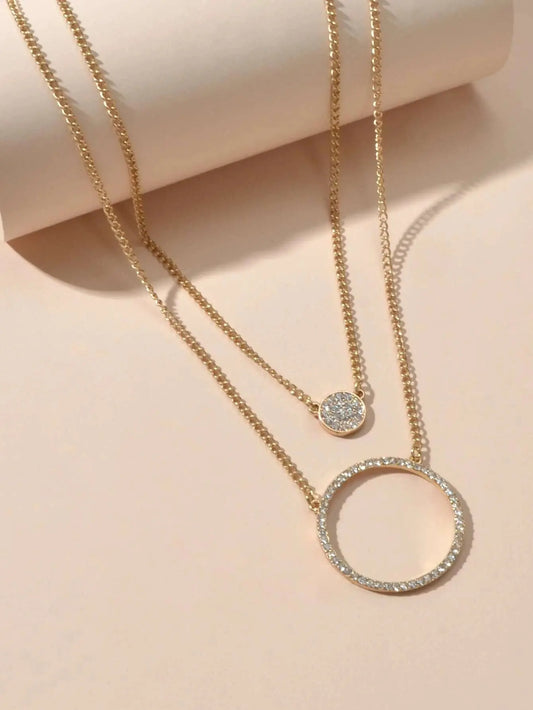 2 pcs Gold Silver Chain Rhinestone Round Circle Pendant Necklace Jewellery Gift Feelontop Jewellery
