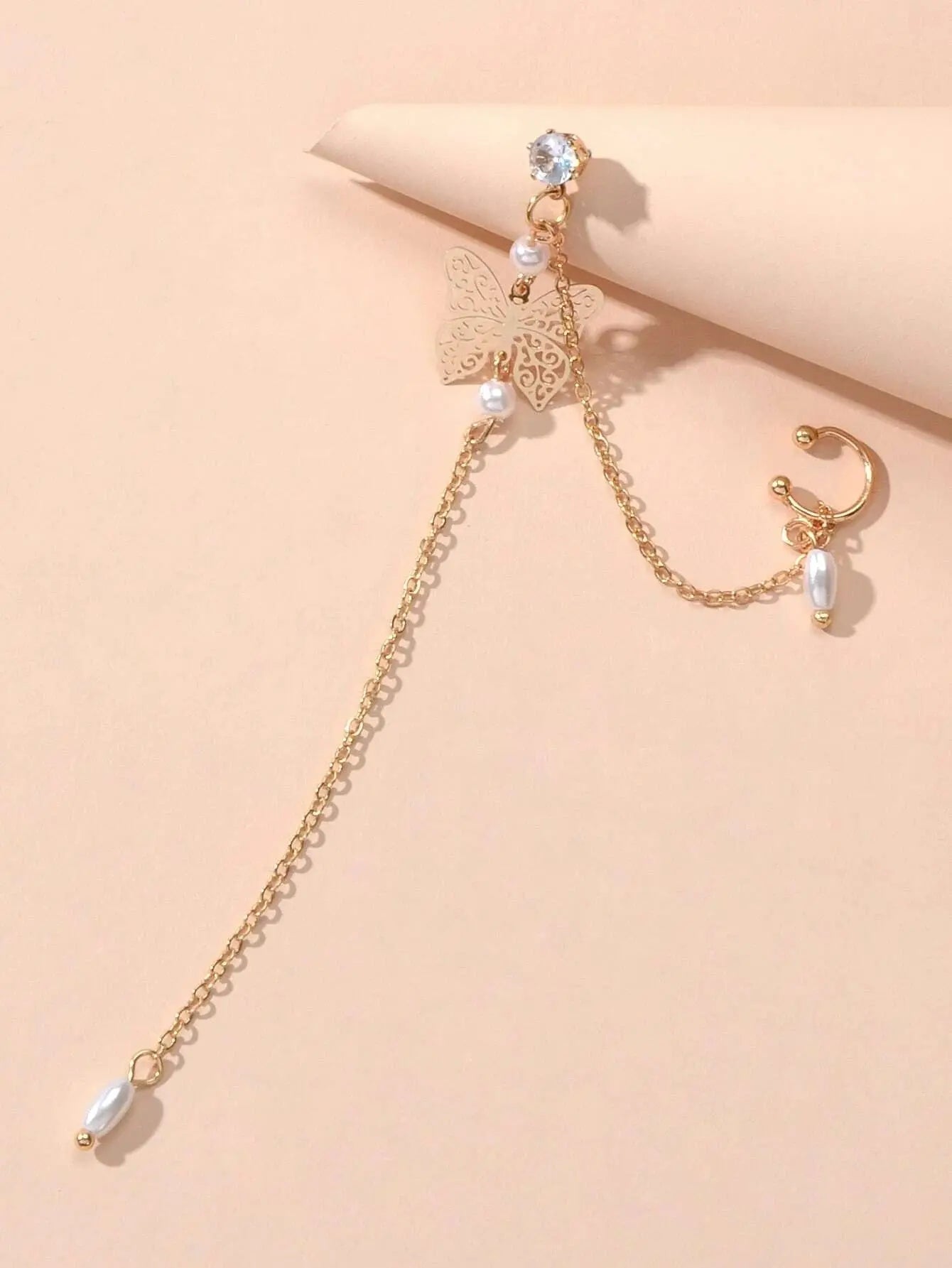 1pc Crystal Pearl Butterfly Long Chain Cartilage Stud Earring Stunning Ear Cuff Feelontop Jewellery