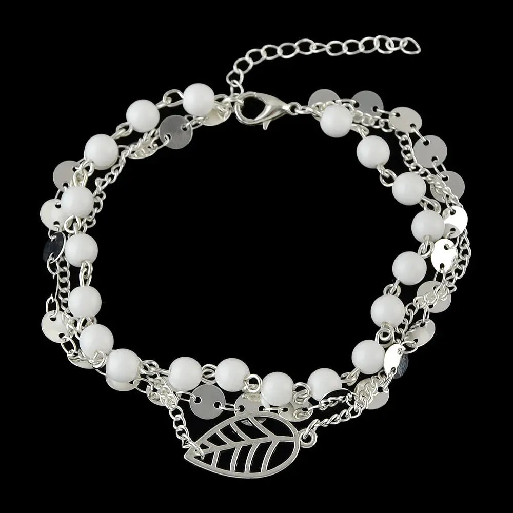 1 pc Foot Beach Jewellery Gold Silver Multi-layer Chain White Beads Leaf Anklet Feelontop Jewellery