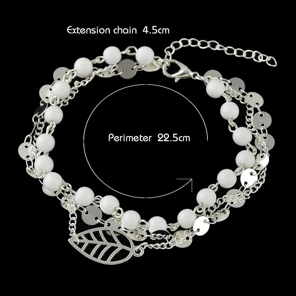 1 pc Foot Beach Jewellery Gold Silver Multi-layer Chain White Beads Leaf Anklet Feelontop Jewellery