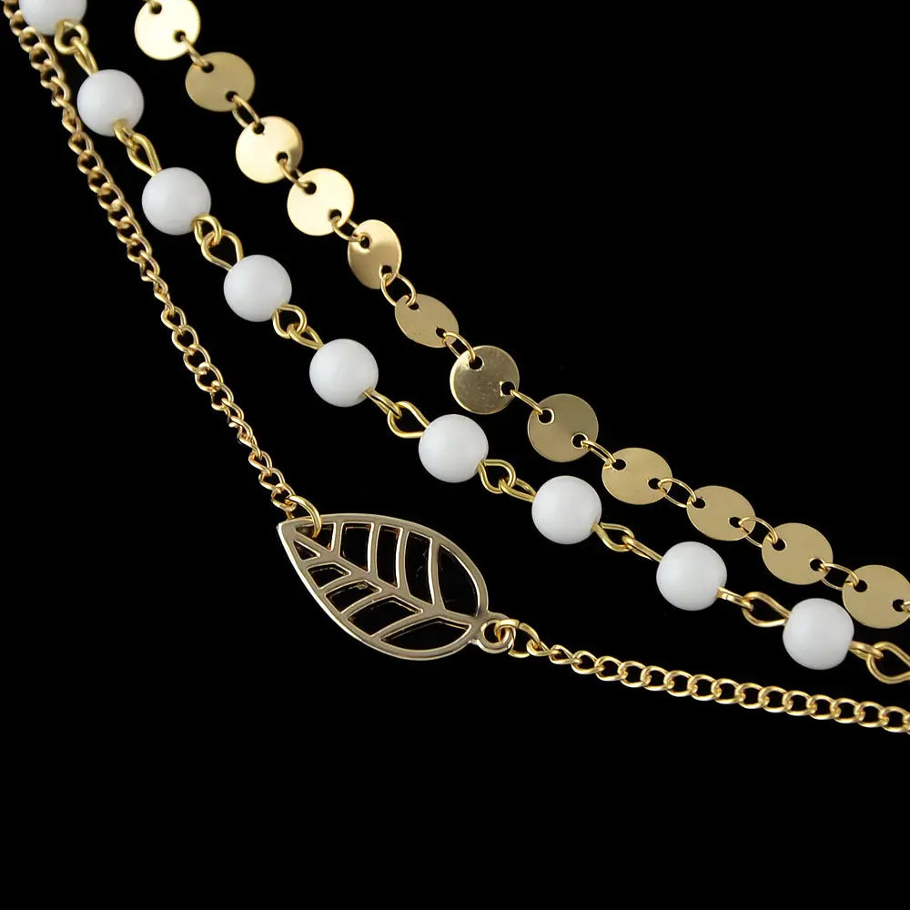 1 pc Foot Beach Jewellery Gold Silver Multi-layer Chain White Beads Leaf Anklet Feelontop Jewellery