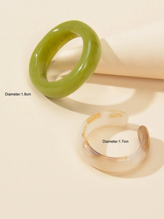 Stackable 2 pcs Beige Green Resin Chunky Multiple Bulk Pack Boho Chic Ring set Feelontop Jewellery