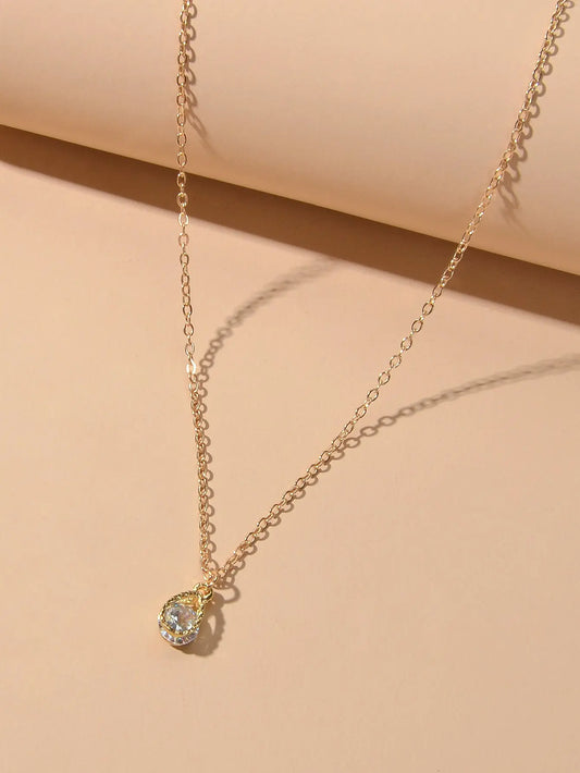 Charming Gold Chain Simulated Cubic Zirconia Water Drop Pendant Necklace Wedding Feelontop Jewellery
