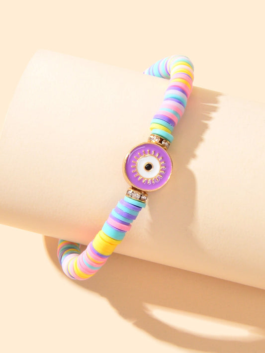 Heishi Surfer Handmade Evil Eye Rainbow Vinyl Disc Beaded Stretchy Bracelet Gift Feelontop Jewellery