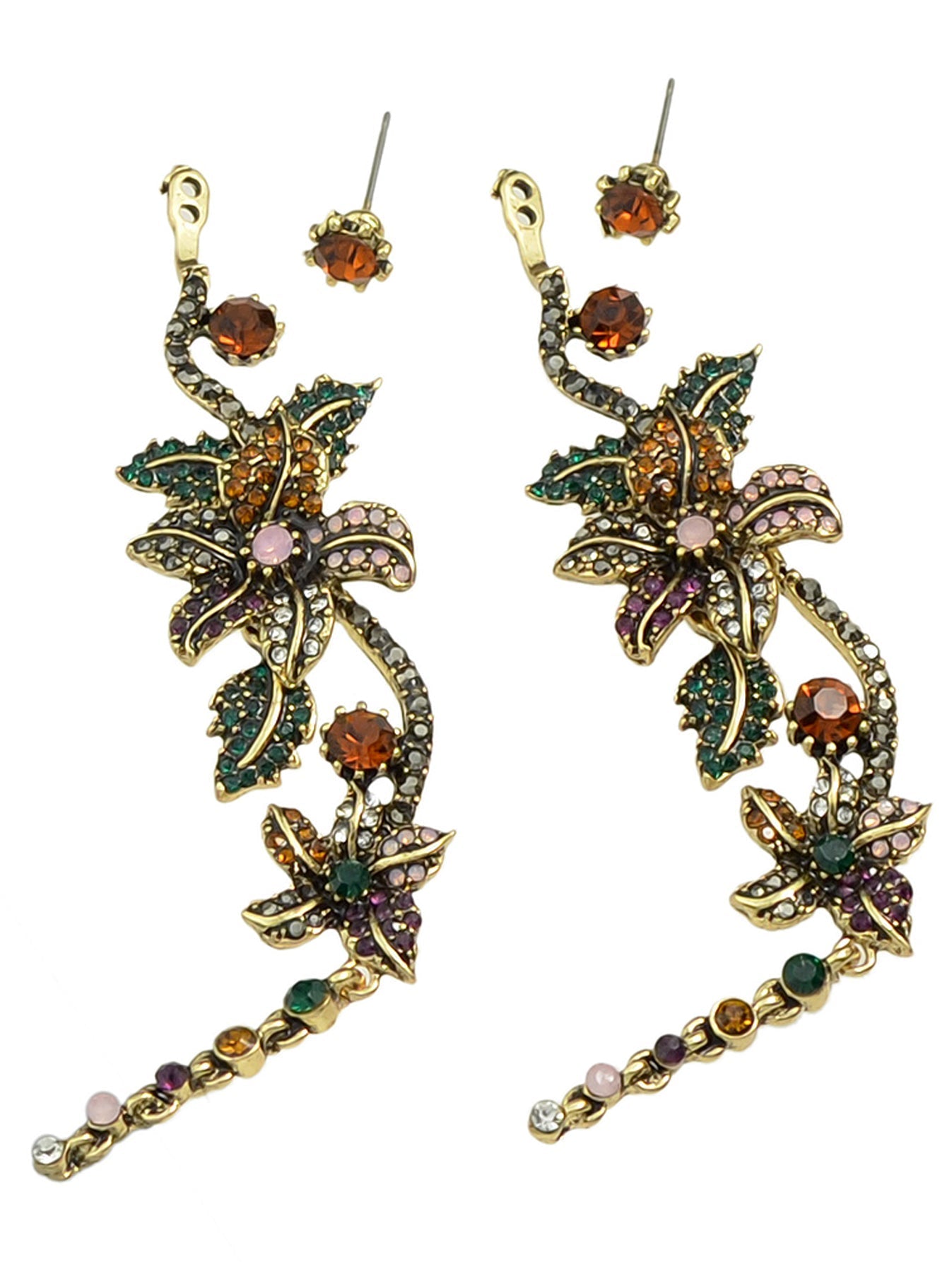 Vintage Luxurious Colourful Rhinestone Antique Gold Flower Long Pendant Earrings Feelontop Jewellery