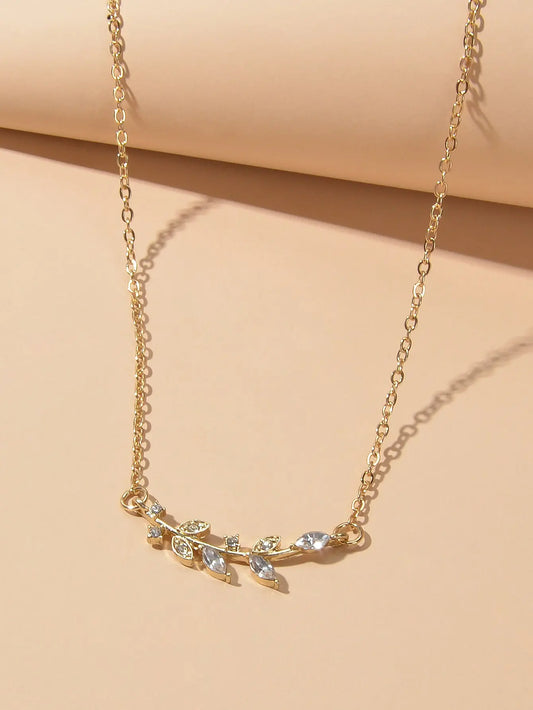 Shining Jewellery Rhinestone Decor Gold Silver Chain Leaf Charm Pendant Necklace Feelontop Jewellery
