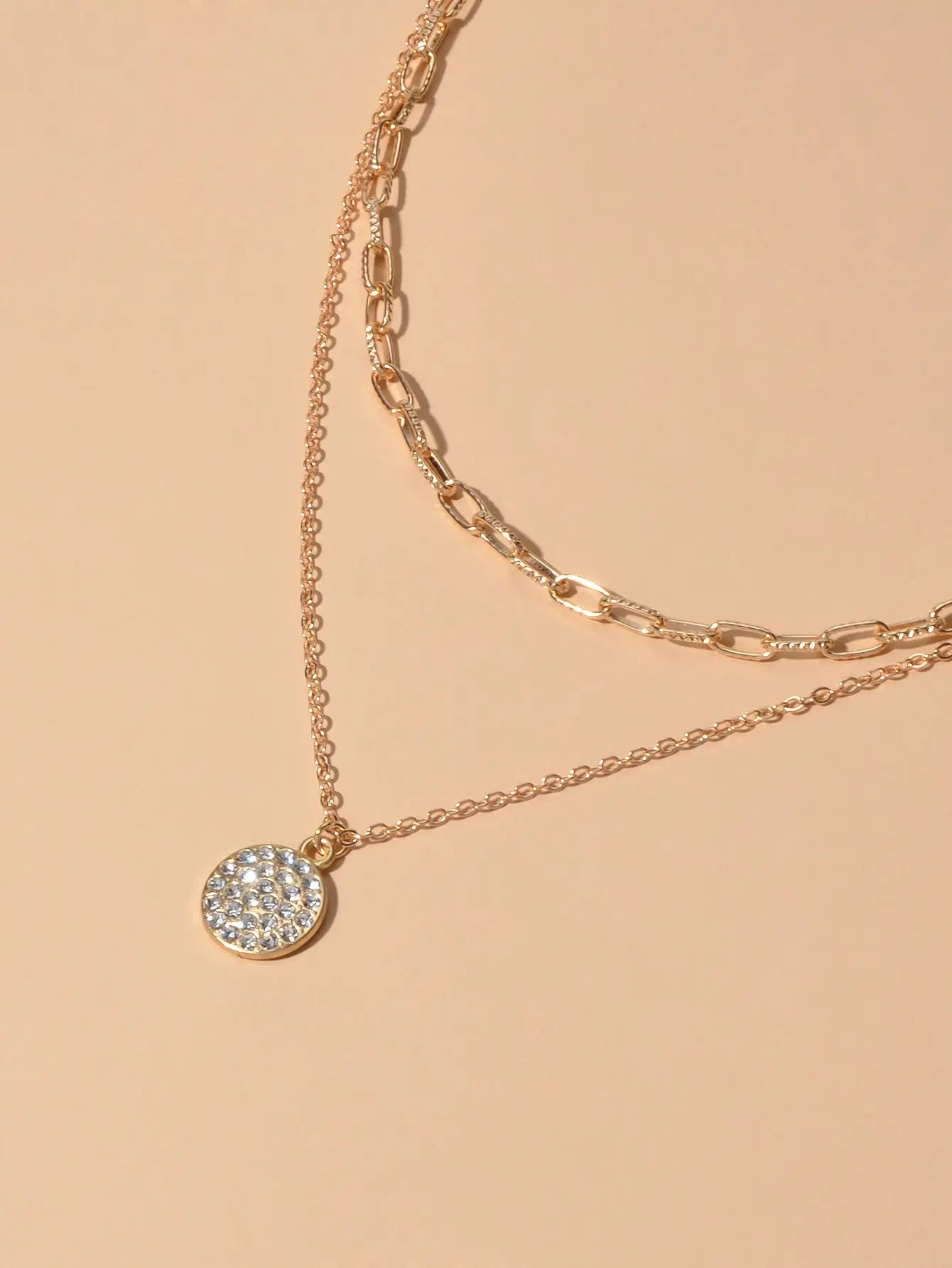 Female Jewellery Double layer Paperclip Gold Silver Chain Round Pendant Necklace Feelontop Jewellery