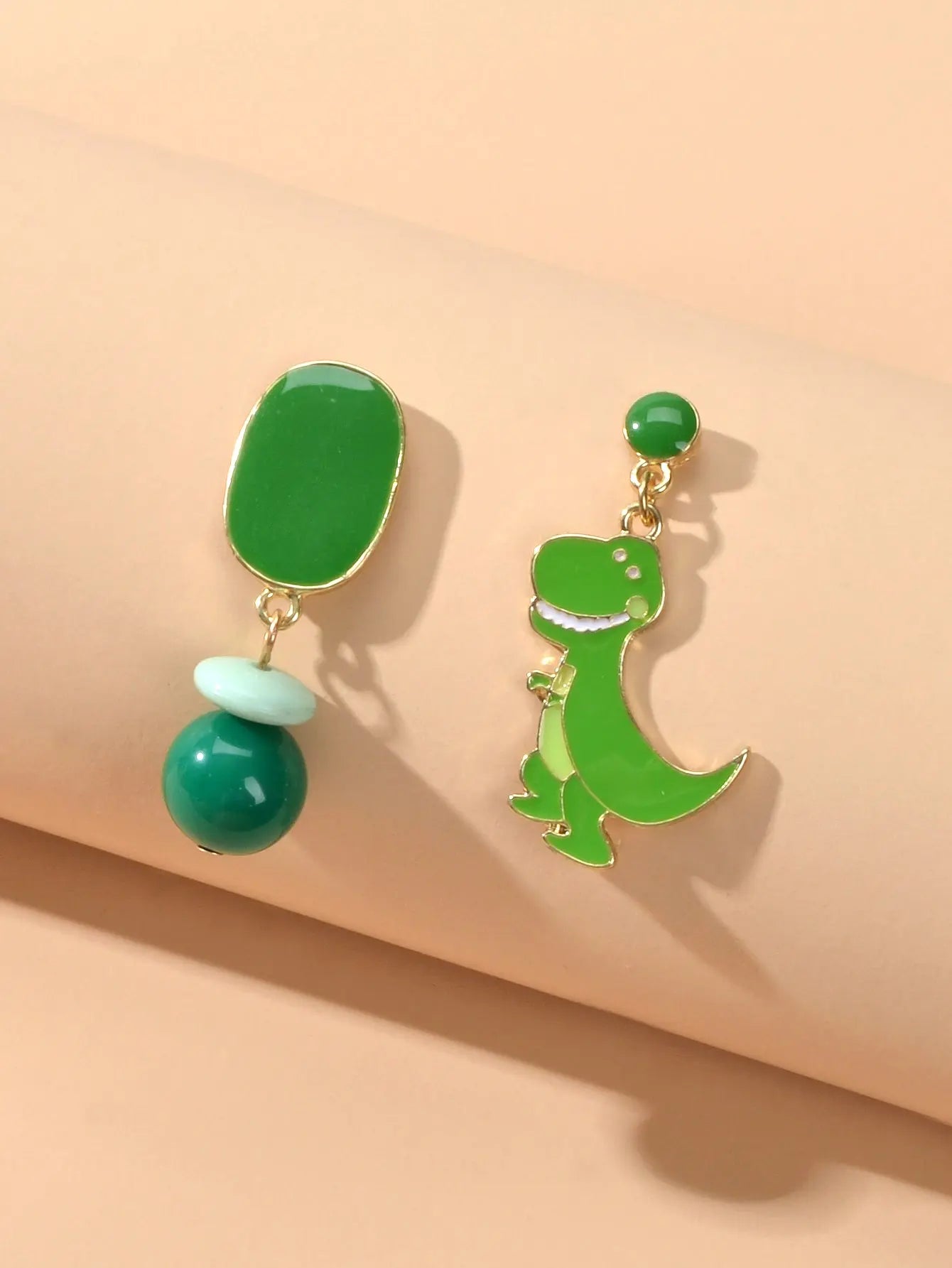 Asymmetrical Cartoon Design Green Beads Enamel Dinosaur Dangle Animal Earrings Feelontop Jewellery