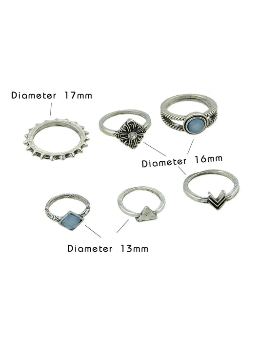 Vintage 6pcs Blue Bead Decor Arrow Flower Multiple Bulk Pack Joint Knot Ring set Feelontop Jewellery