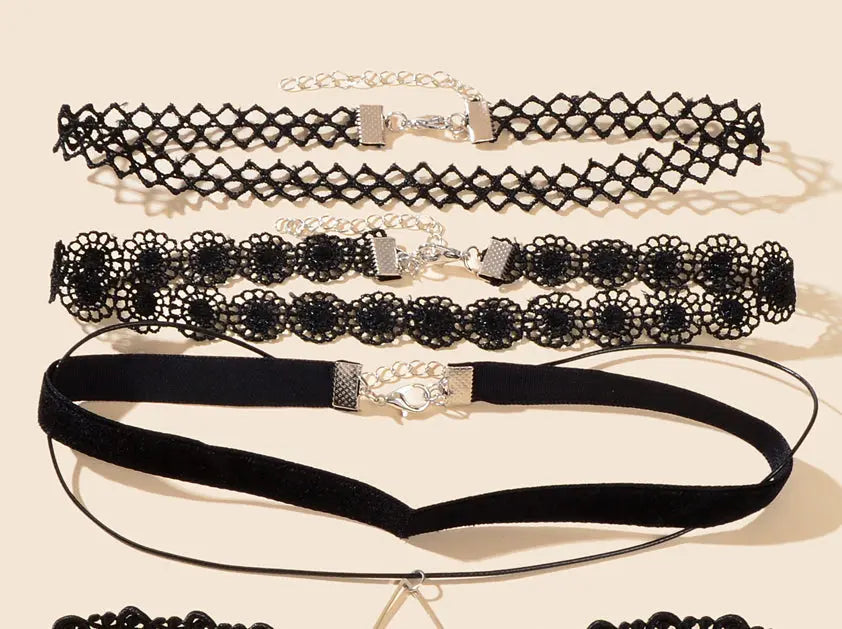 4 pcs Classic Black Gothic Tattoo Lace Chokers Beads Tassel Necklaces Party Gift Feelontop Jewellery