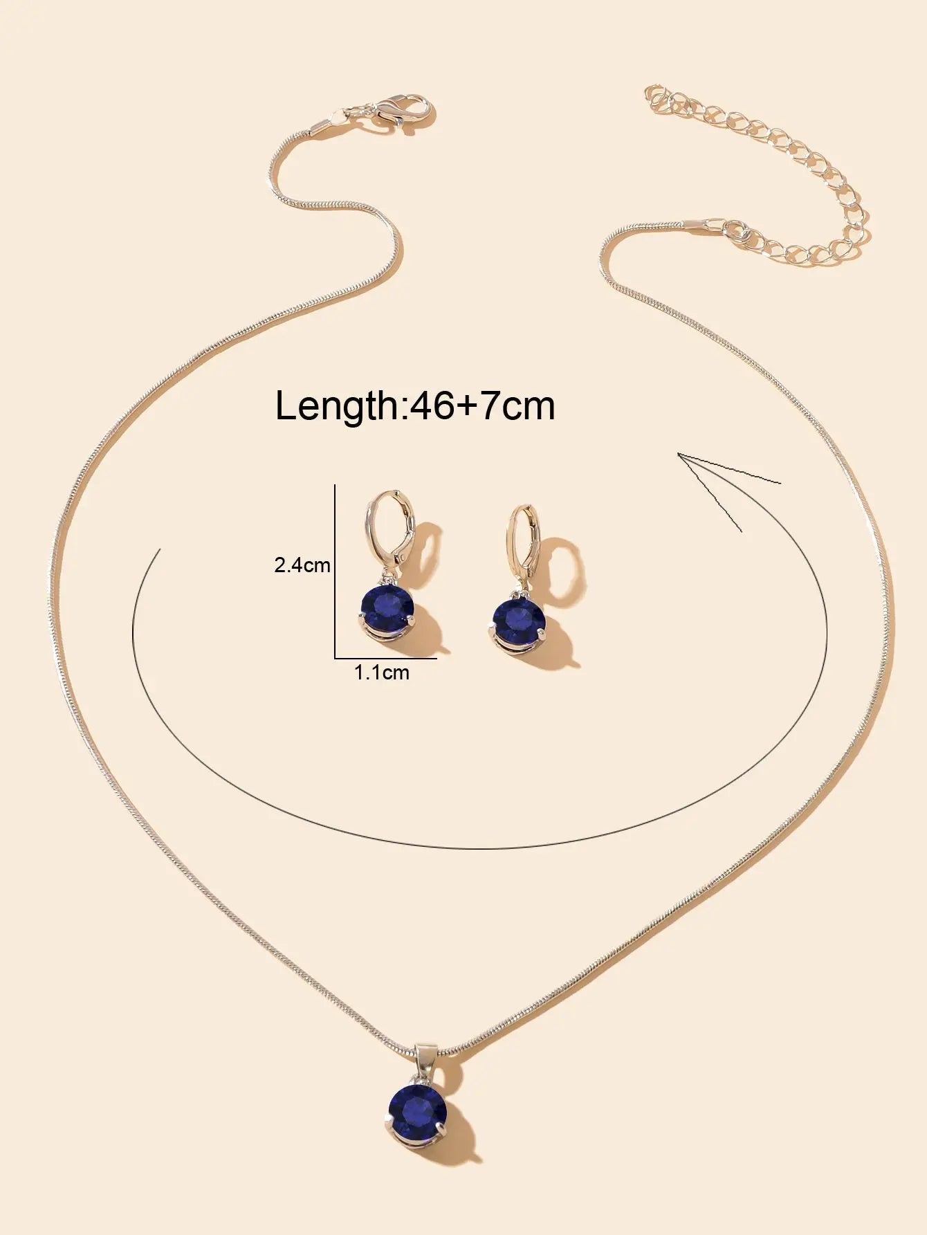 Round Navey Blue Imitation Gem Pendant Necklace Huggie Earrings Jewellery Set Feelontop Jewellery