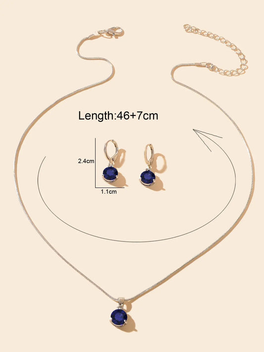 Round Navey Blue Imitation Gem Pendant Necklace Huggie Earrings Jewellery Set Feelontop Jewellery
