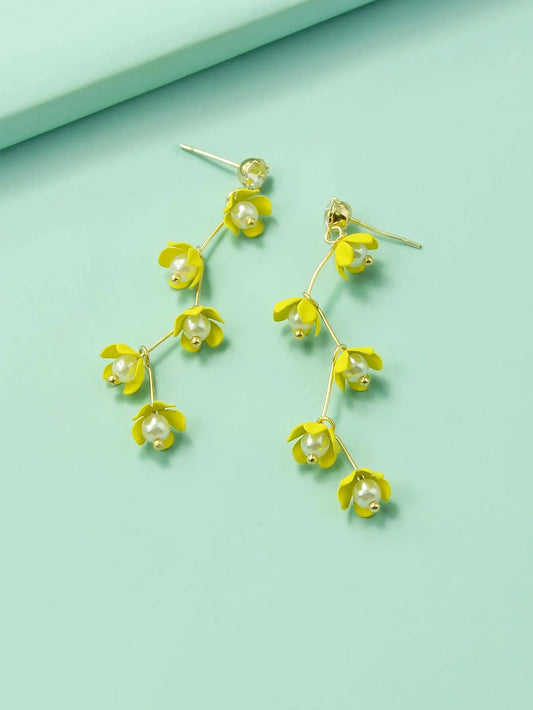 Exquisite Pearl Yellow Flower Dangle Pendant Earrings for Women Trendy Jewellery Feelontop Jewellery