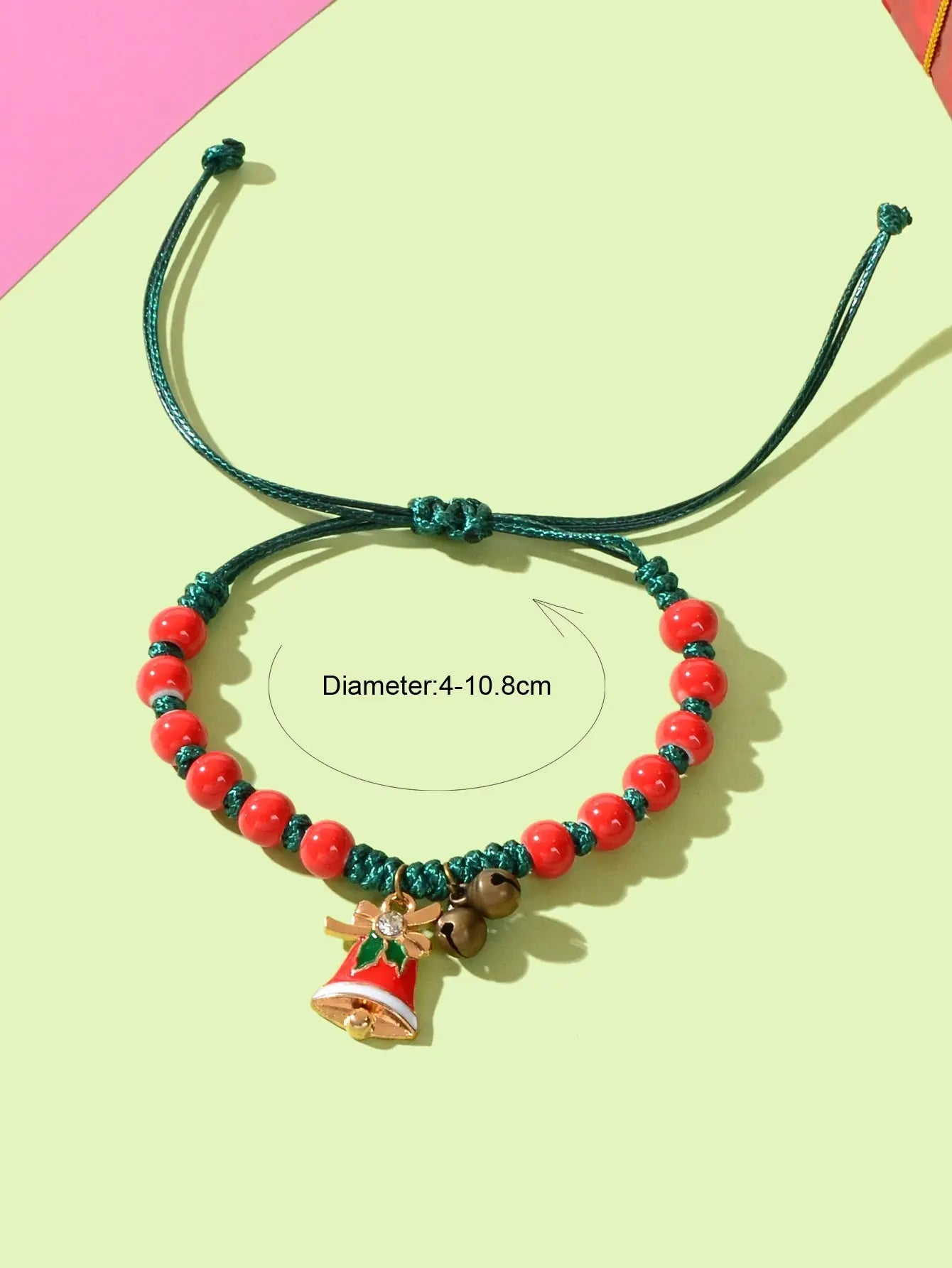 Xmas Gift Jewellery Green Braided Rope Red Beaded Bell Charm Adjustable Bracelet Feelontop Jewellery