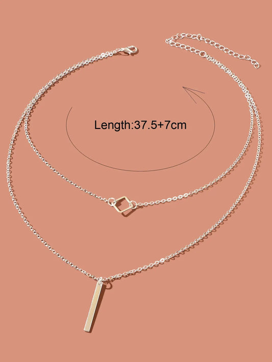 Double Layer Silver Chain Y Style Square Bar Pendant Necklace Party Accessories Feelontop Jewellery