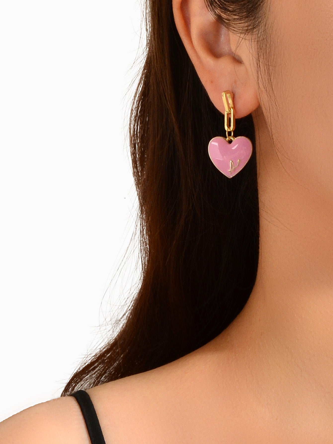 Valentine's Day Jewellery Pearl Cion Charm Pink Enamel Heart Asymmetric Earrings Feelontop Jewellery