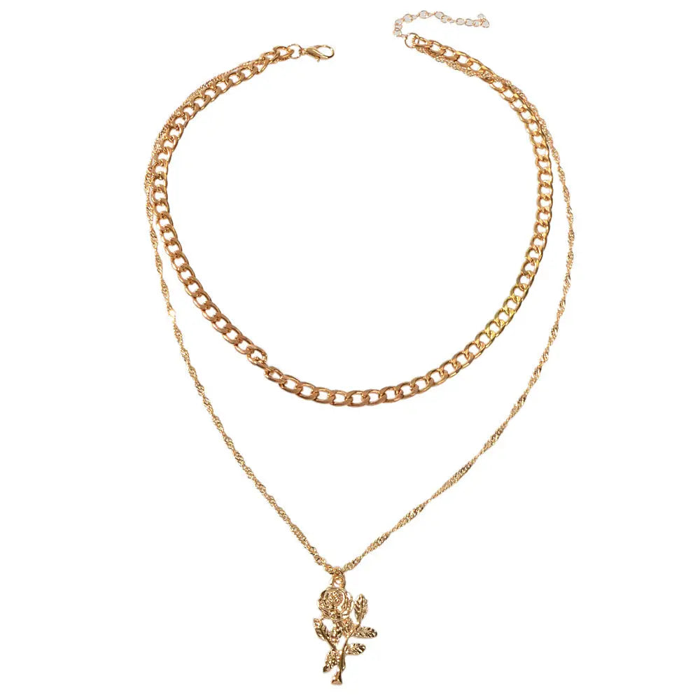 Female Jewelry Double layer Gold Chain Flower Pendant Necklace Women Accessories Feelontop Jewellery