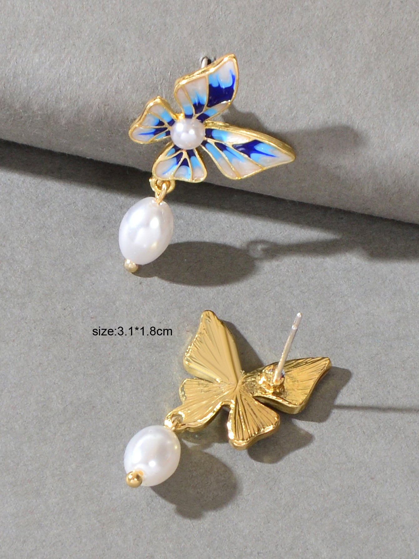 Trendy Dangle Pearl Blue White Enamel Butterfly Hypoallergenic Pierced Earrings Feelontop Jewellery