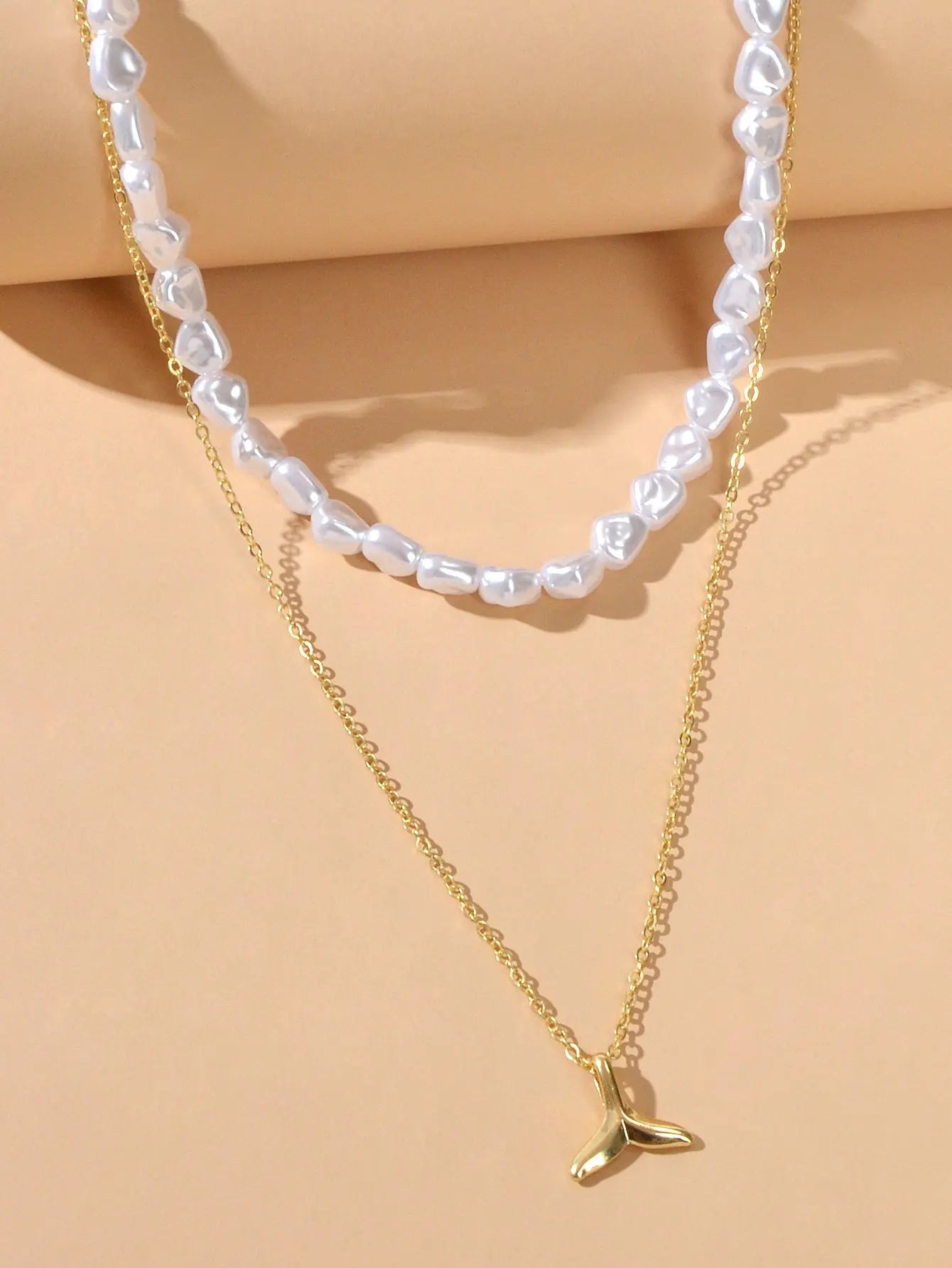Textured Accessories Double layer Chain Pearl Choker Fish Tail Pendant Necklace Feelontop Jewellery