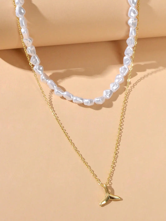 Textured Accessories Double layer Chain Pearl Choker Fish Tail Pendant Necklace Feelontop Jewellery