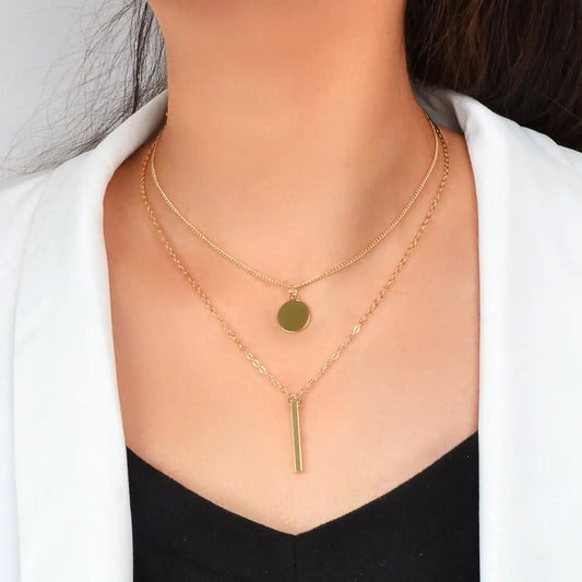 2 pcs Trendy Daily Gold Chain Disc Stick Charm Necklace Minimalist Jewelry Gifts Feelontop Jewellery