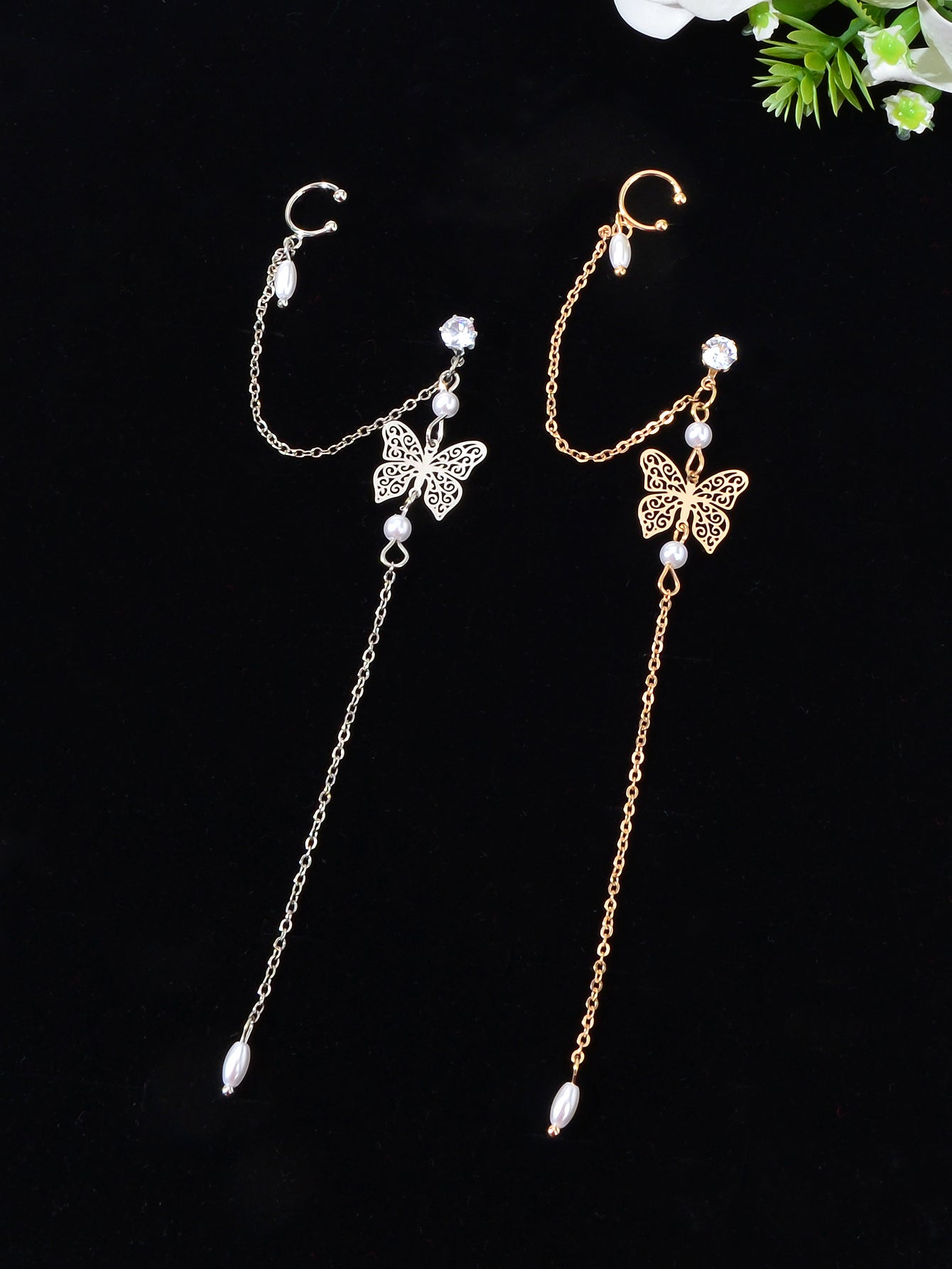 Butterfly Pendant Tassel Stud Earrings - Elegant and Whimsical Dangles Ear Clip Feelontop Jewellery