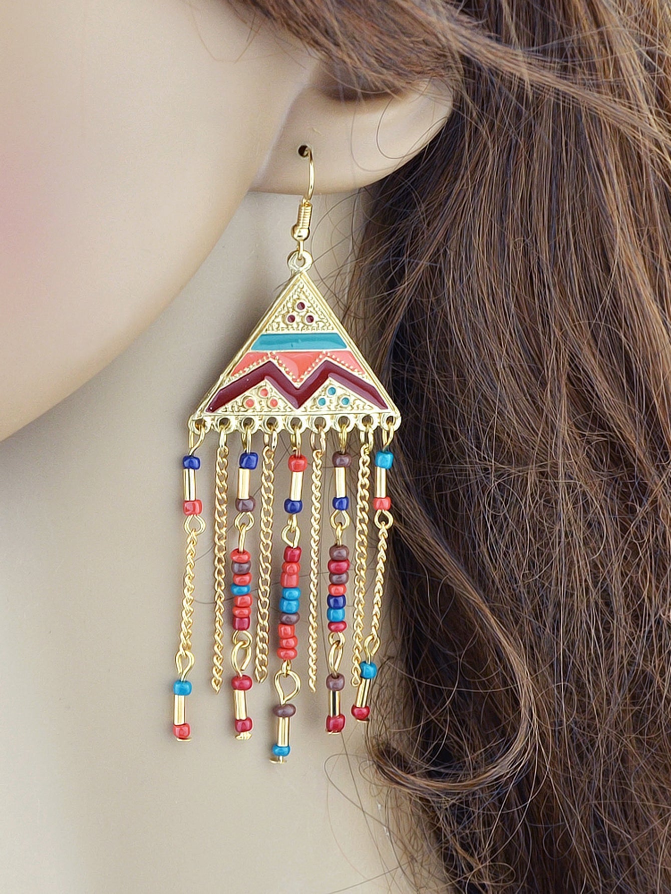 Triangle Colourful Enamel Beads Long Chain Tassel Ethnic Jewellery Boho Earrings Feelontop Jewellery