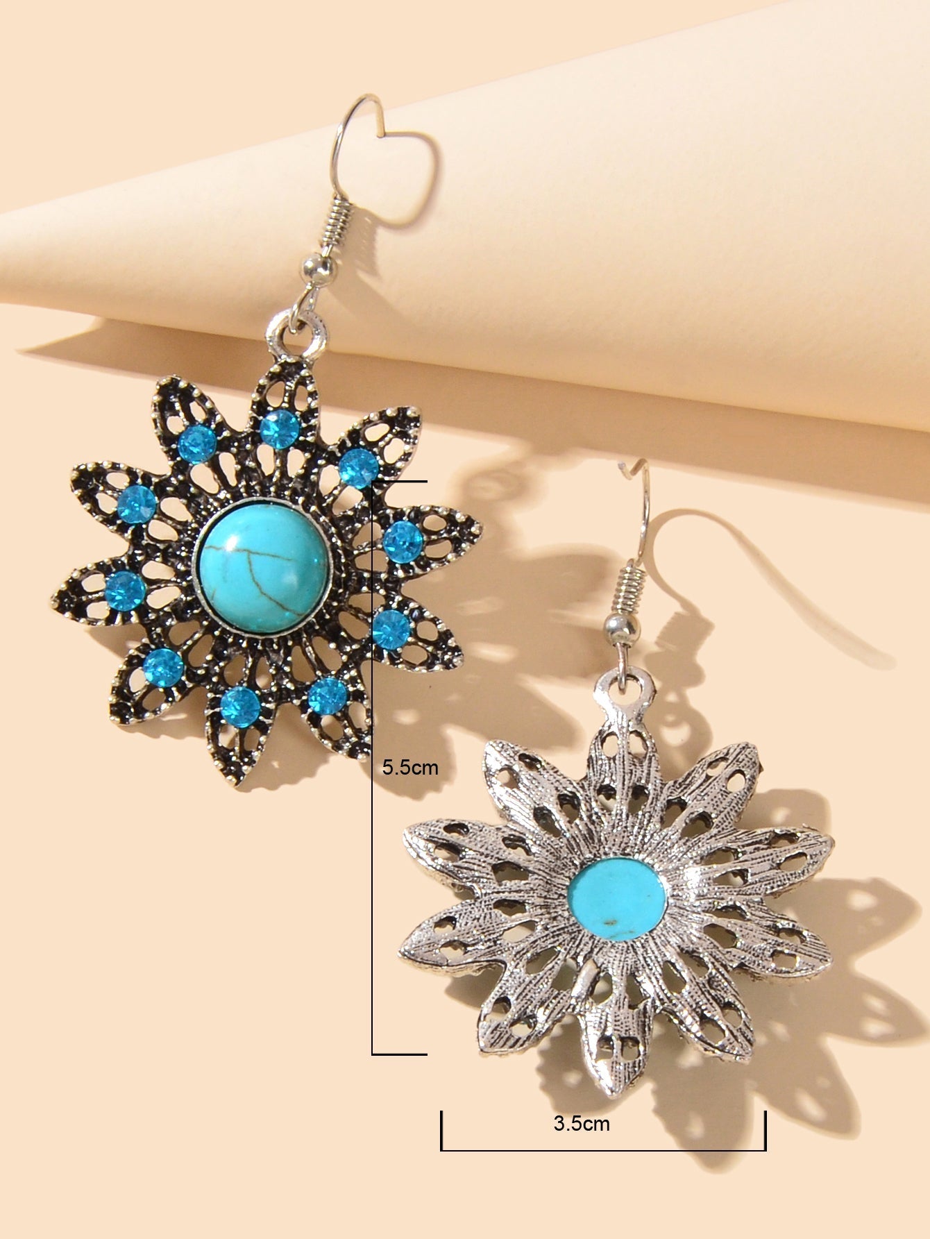 Vintage Jewelry Antique Silver Hollow out Blue Turquoise Flower Dangle Earrings Feelontop Jewellery