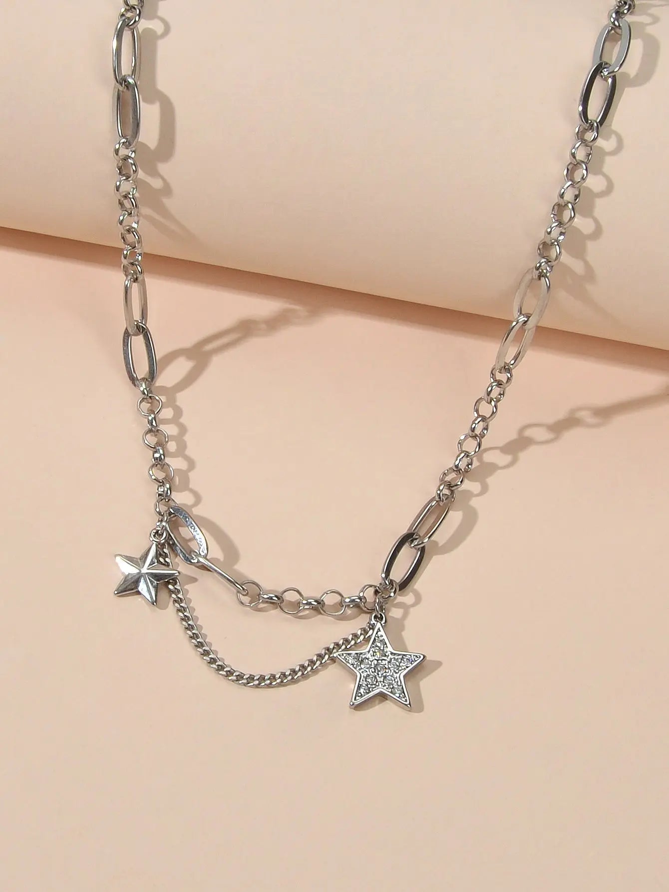 Retro Silver Trendy Paperclip Chain Rhinestone Star Charm Short Collar Necklace Feelontop Jewellery
