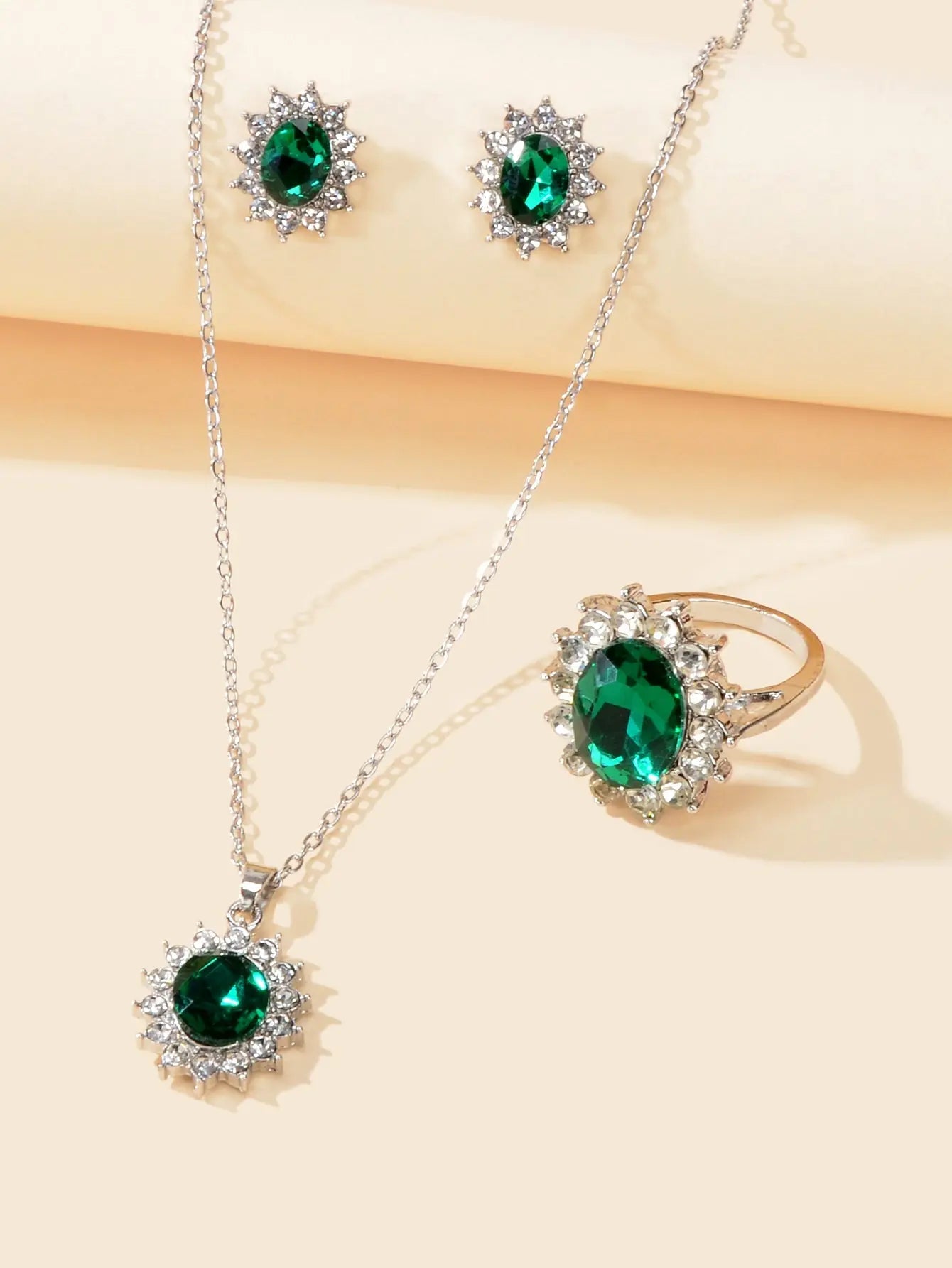 Crystal Flower Necklace Stud Earrings Finger Ring Luxury Wedding Jewellery Set Feelontop Jewellery