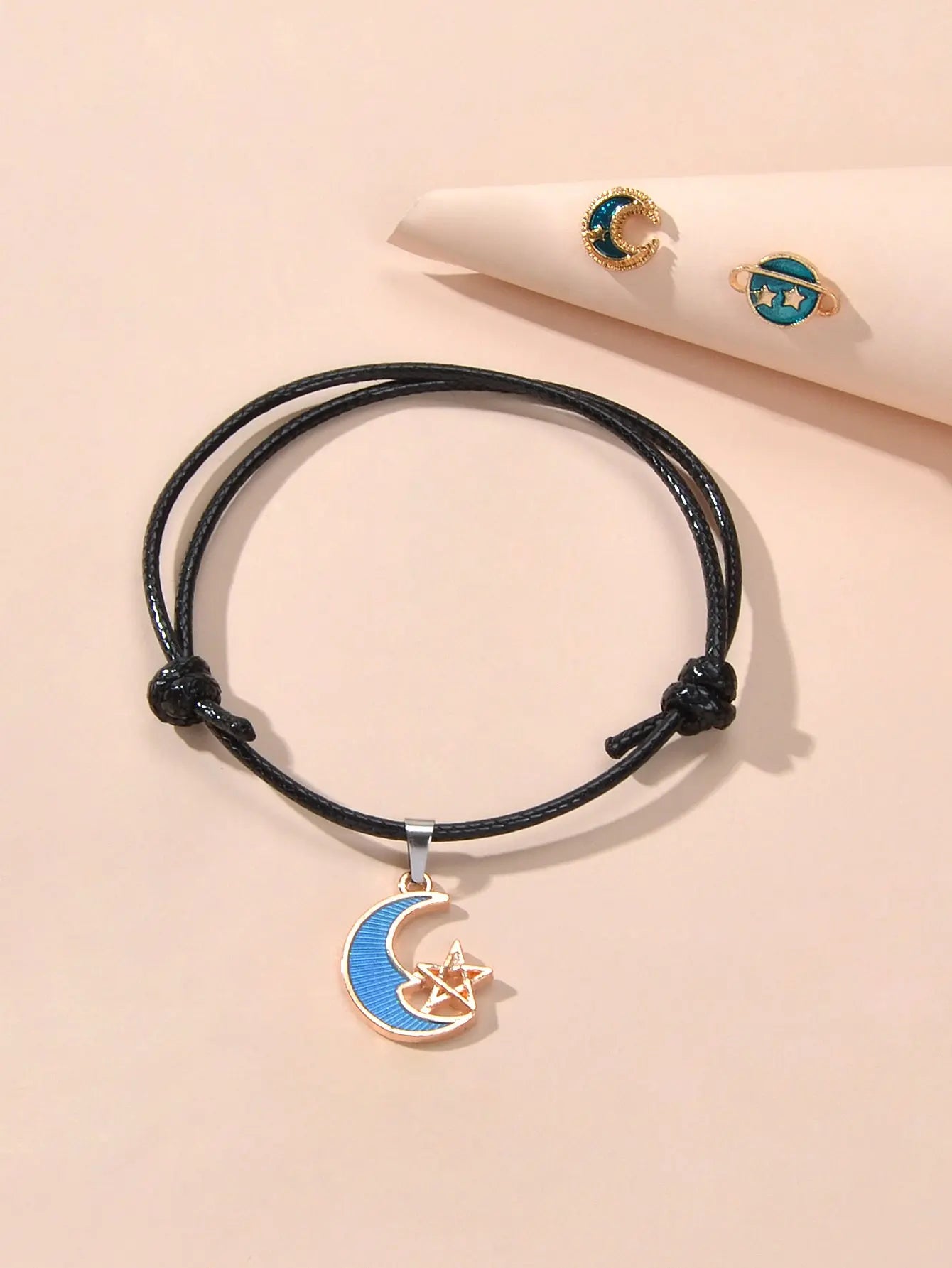 Jewellery set Black Pu Leather Star Moon Charm Adjustable Bracelet Stud Earrings Feelontop Jewellery