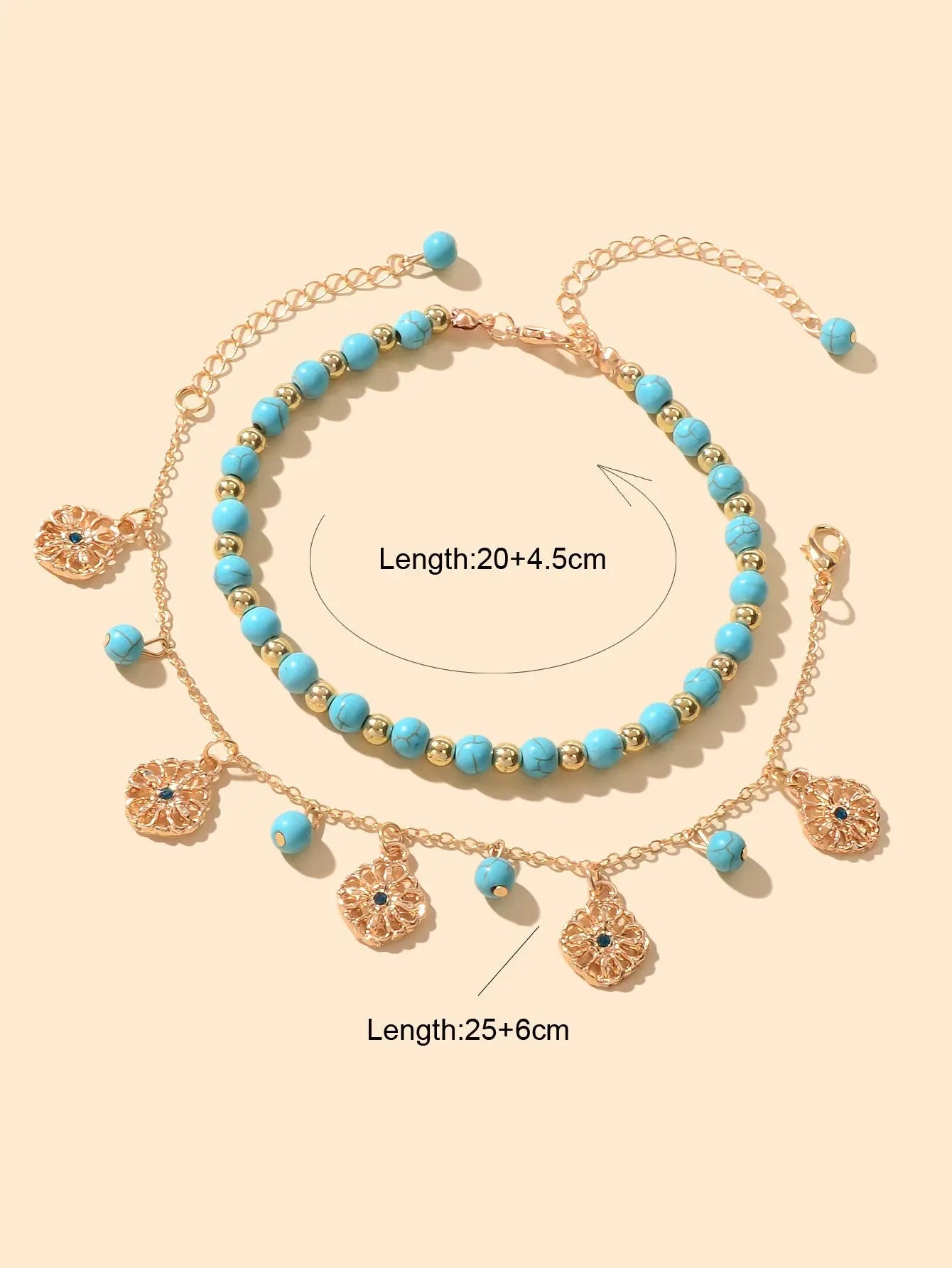 2pcs Handmade Turquoise Beads Anklets Boho Round Charm Bracelets Foot Anklet Set Feelontop Jewellery