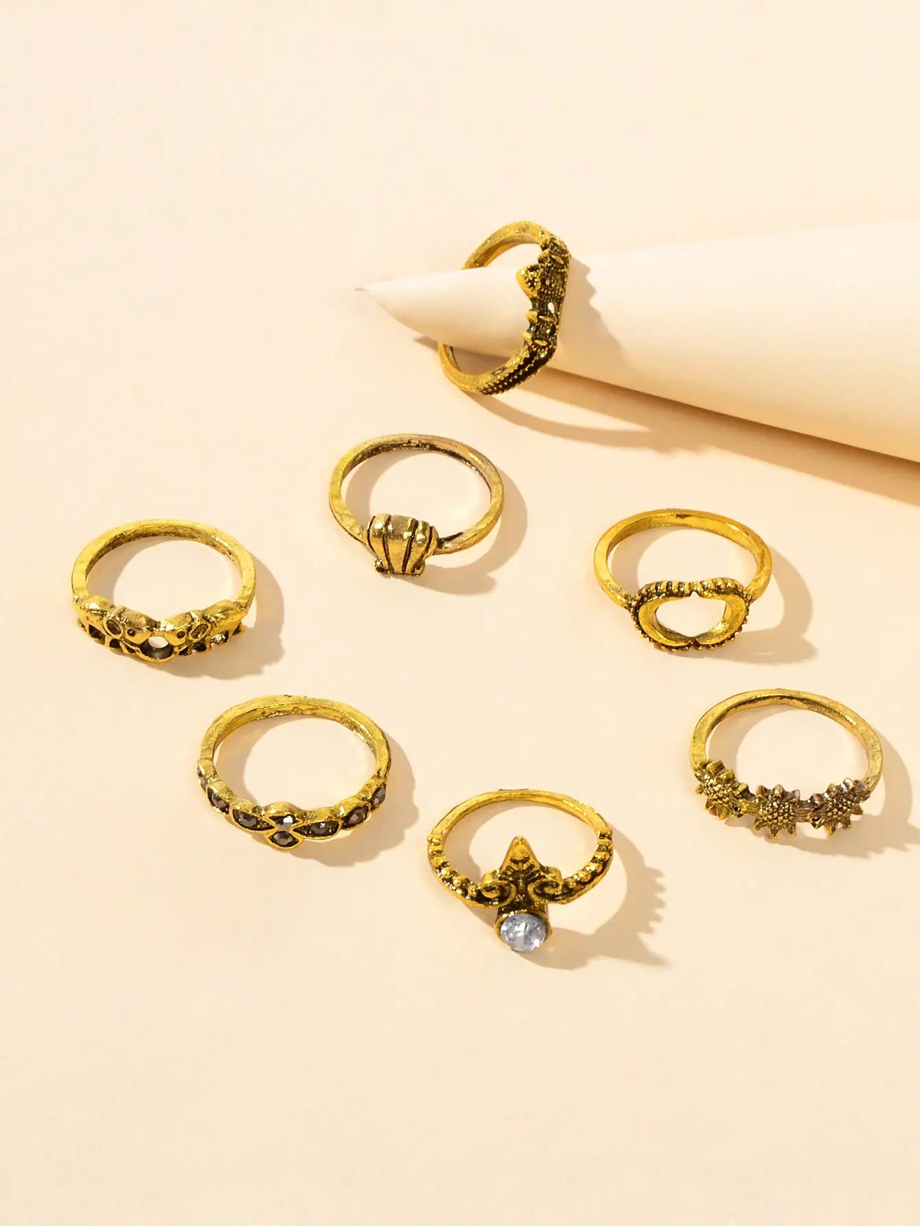 7 pcs Vintage Jewellery Oxidized Antique Gold Moon Shell Finger Ring Set Feelontop Jewellery