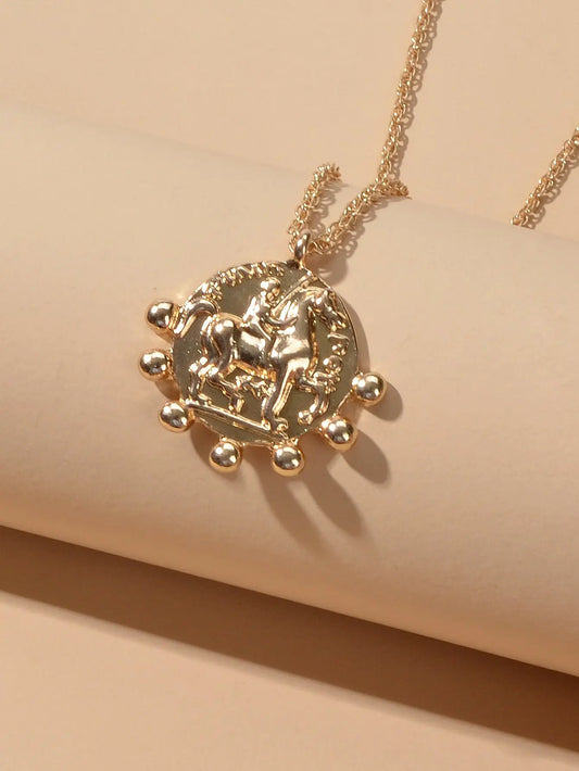 Gold Chain Carved Riding Horse Round Pendant Trendy Necklace Fashion Jewellery Feelontop Jewellery